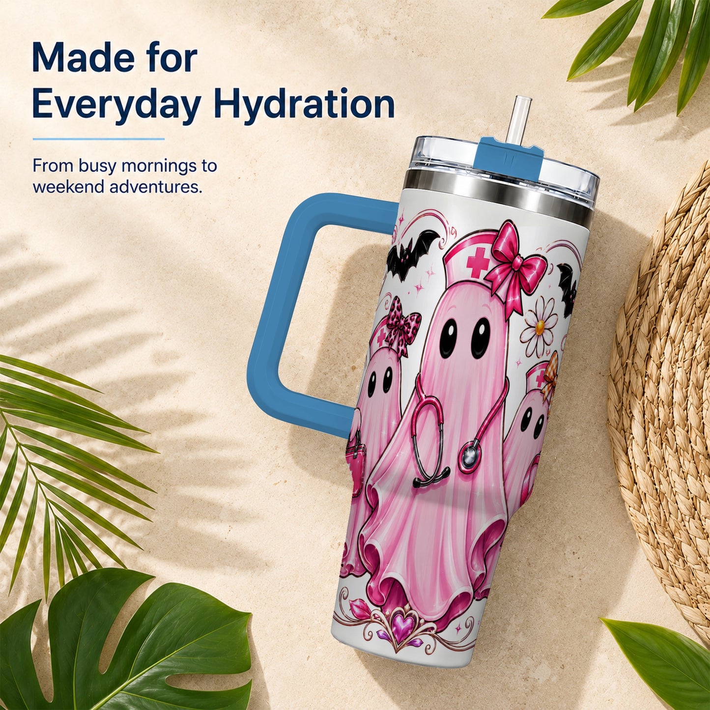 #pl[40oz|Blue] Nurse Ghost Trio 40oz Tumbler with Handle, Stainless Steel Travel Cup