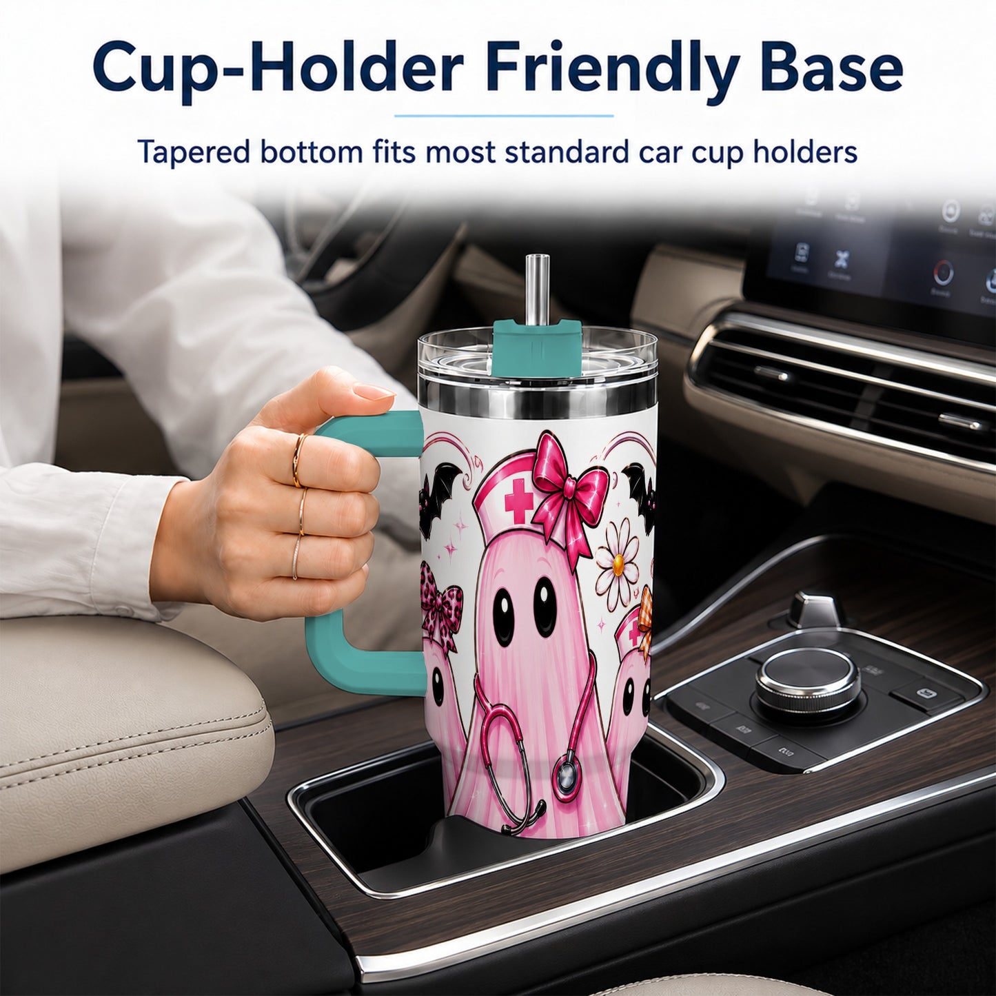 #pl[40oz|Green] Nurse Ghost Trio 40oz Tumbler with Handle, Stainless Steel Travel Cup