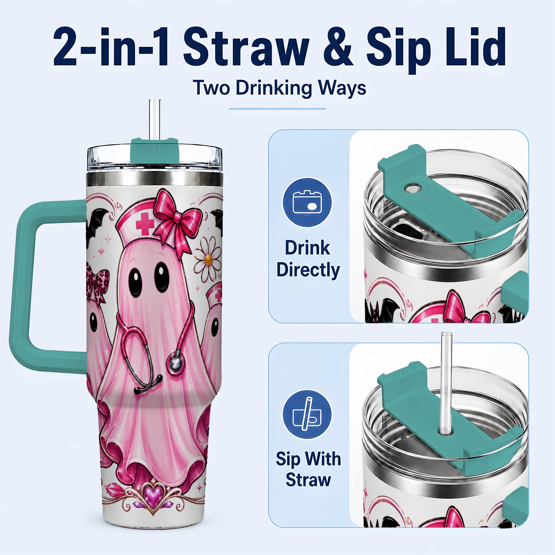 #pl[40oz|Green] Nurse Ghost Trio 40oz Tumbler with Handle, Stainless Steel Travel Cup