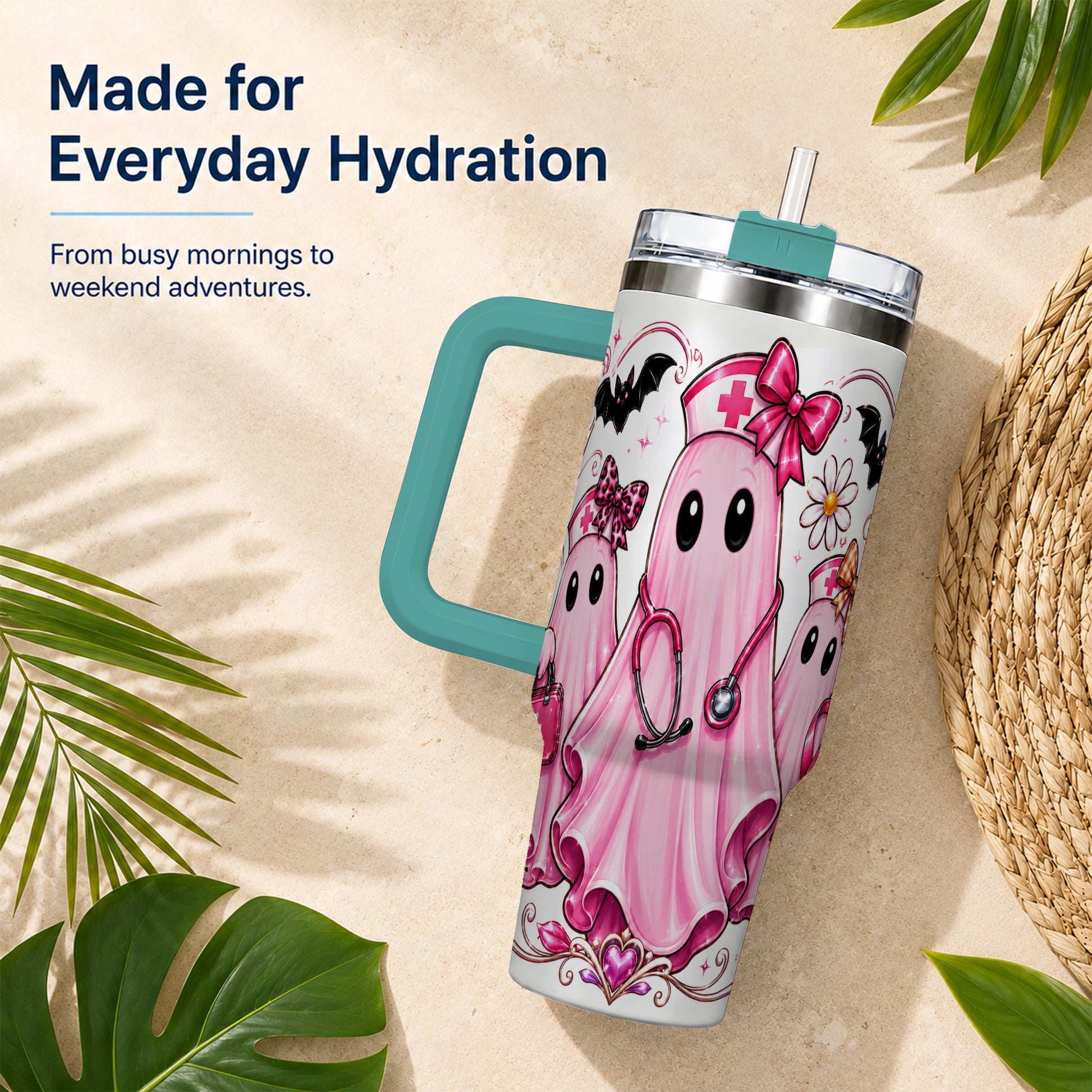#pl[40oz|Green] Nurse Ghost Trio 40oz Tumbler with Handle, Stainless Steel Travel Cup