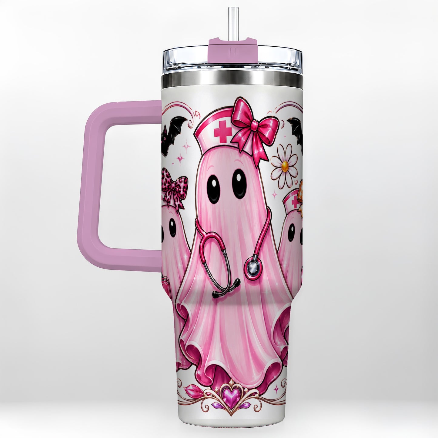 #pl[40oz|Pink] Nurse Ghost Trio 40oz Tumbler with Handle, Stainless Steel Travel Cup