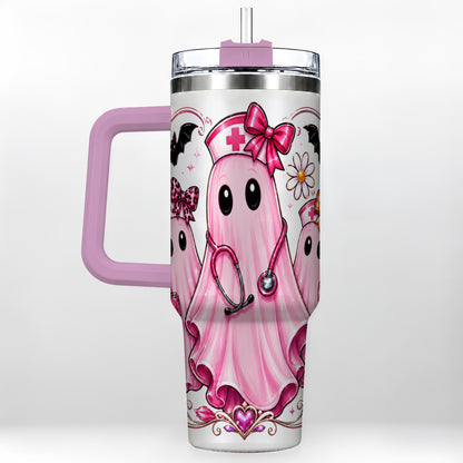 #pl[40oz|Pink] Nurse Ghost Trio 40oz Tumbler with Handle, Stainless Steel Travel Cup