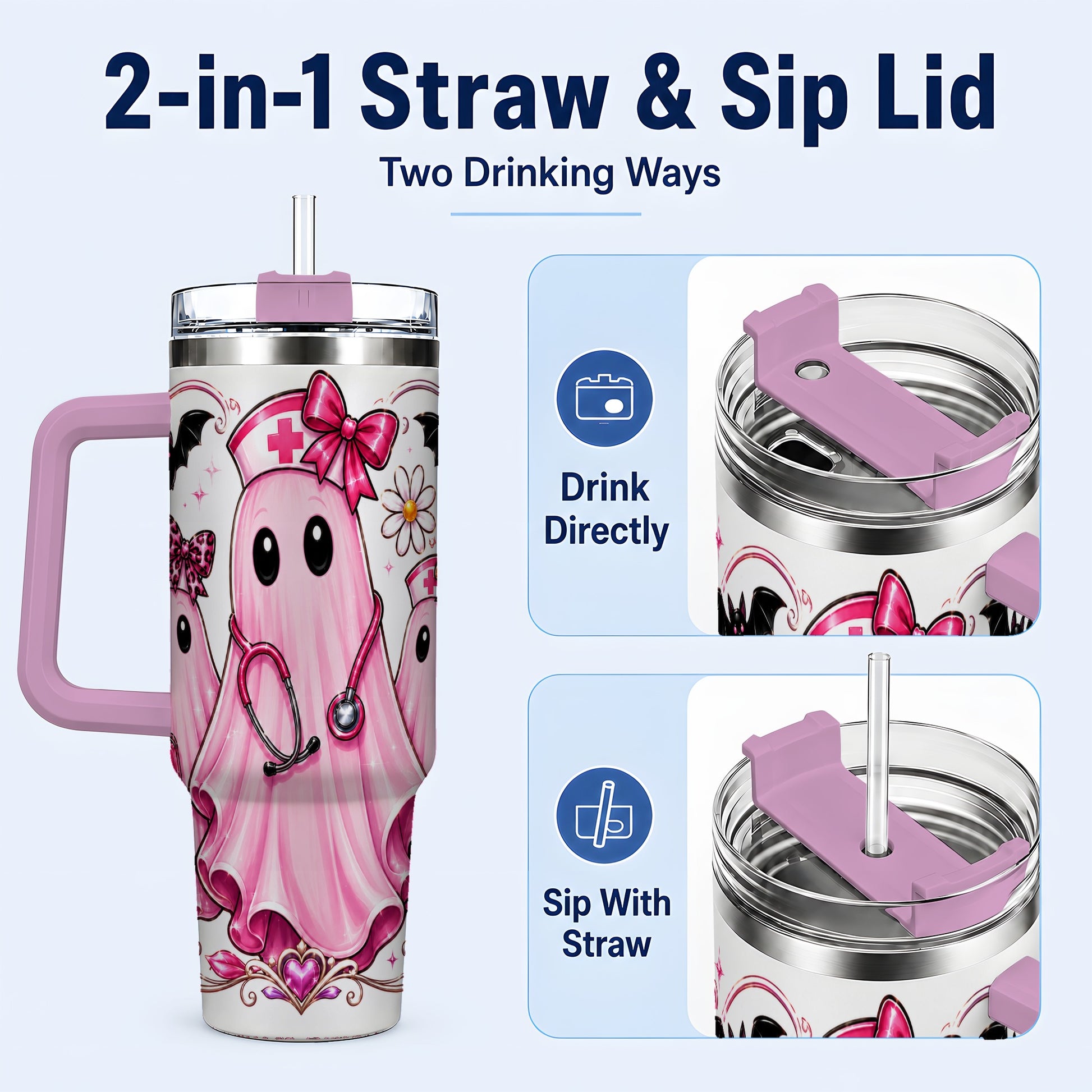 #pl[40oz|Pink] Nurse Ghost Trio 40oz Tumbler with Handle, Stainless Steel Travel Cup