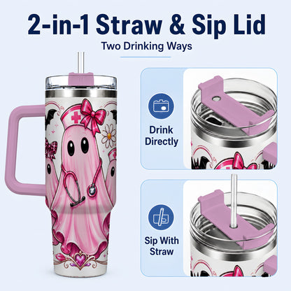 #pl[40oz|Pink] Nurse Ghost Trio 40oz Tumbler with Handle, Stainless Steel Travel Cup