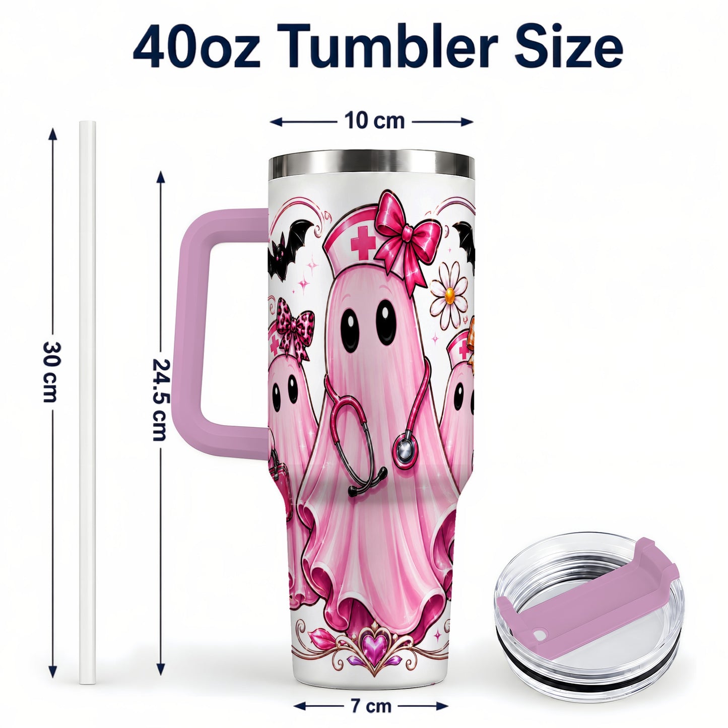 #pl[40oz|Pink] Nurse Ghost Trio 40oz Tumbler with Handle, Stainless Steel Travel Cup
