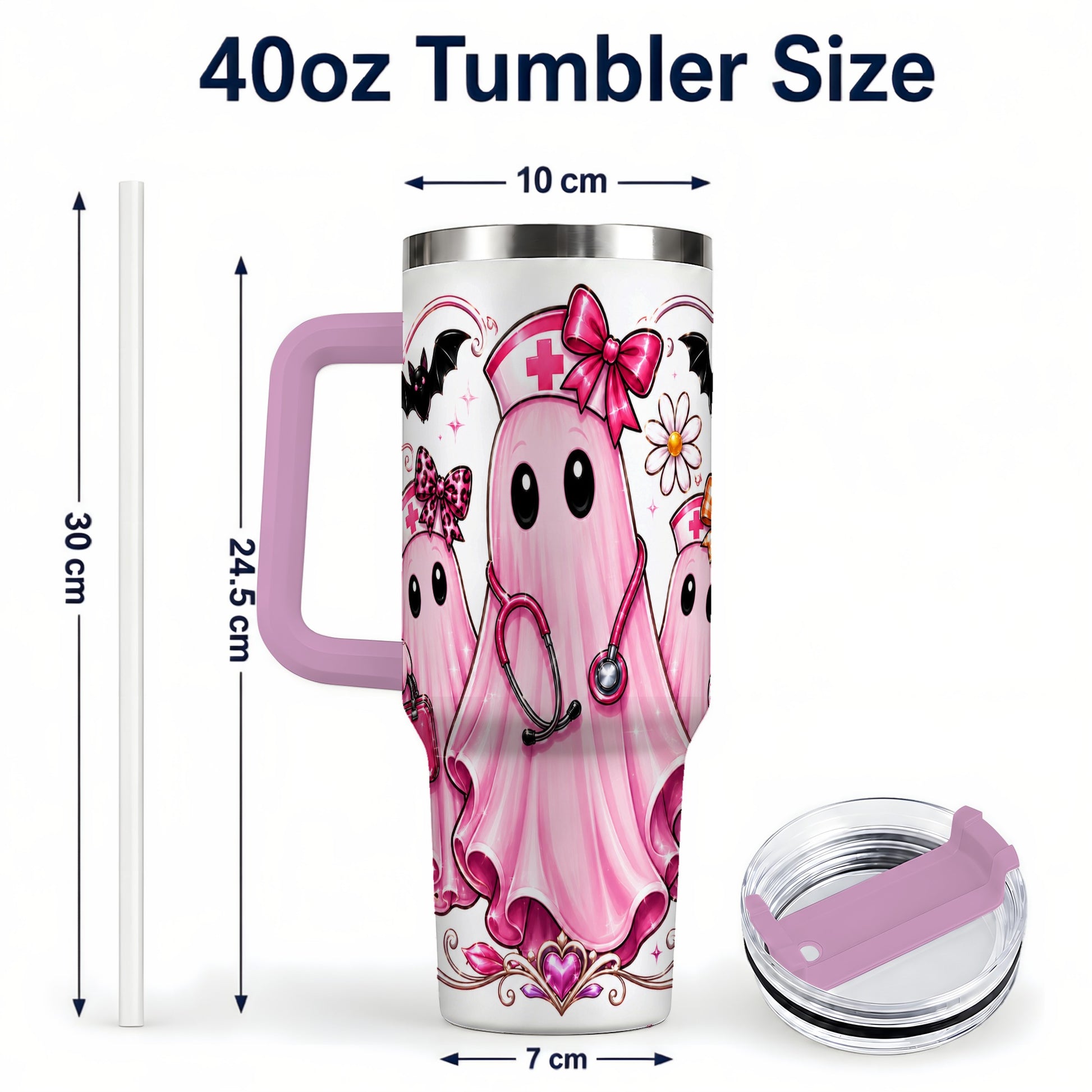 #pl[40oz|Pink] Nurse Ghost Trio 40oz Tumbler with Handle, Stainless Steel Travel Cup