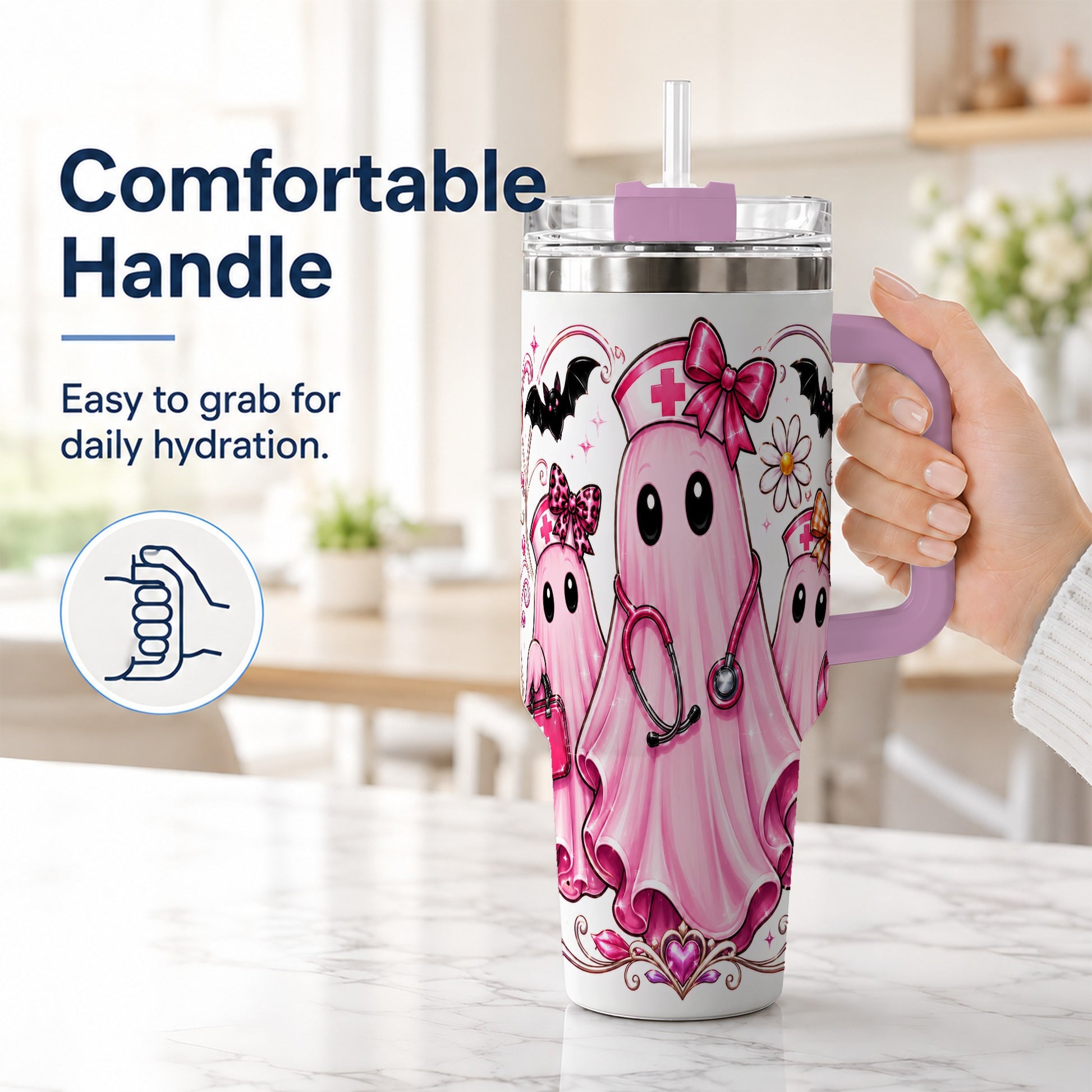 #pl[40oz|Pink] Nurse Ghost Trio 40oz Tumbler with Handle, Stainless Steel Travel Cup