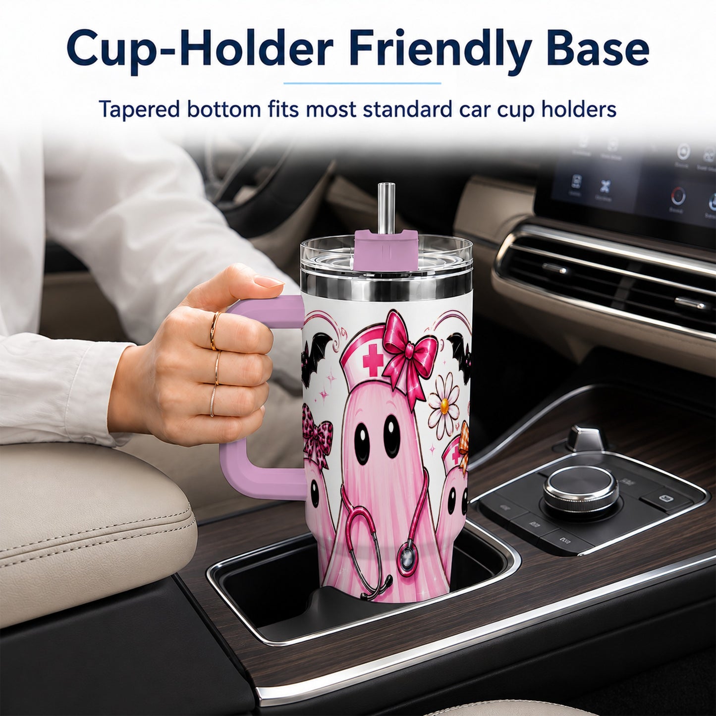 #pl[40oz|Pink] Nurse Ghost Trio 40oz Tumbler with Handle, Stainless Steel Travel Cup