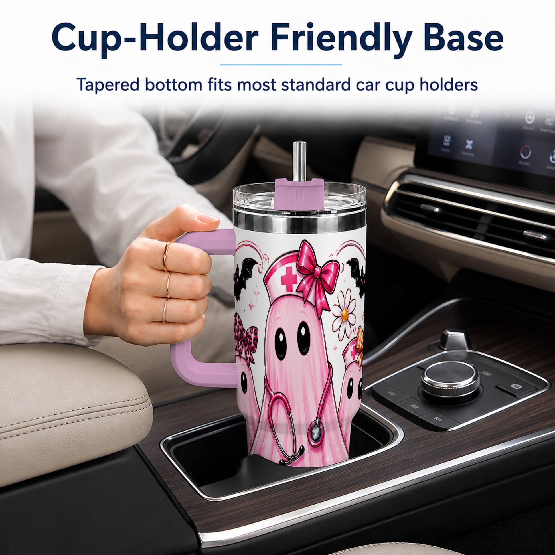 #pl[40oz|Pink] Nurse Ghost Trio 40oz Tumbler with Handle, Stainless Steel Travel Cup
