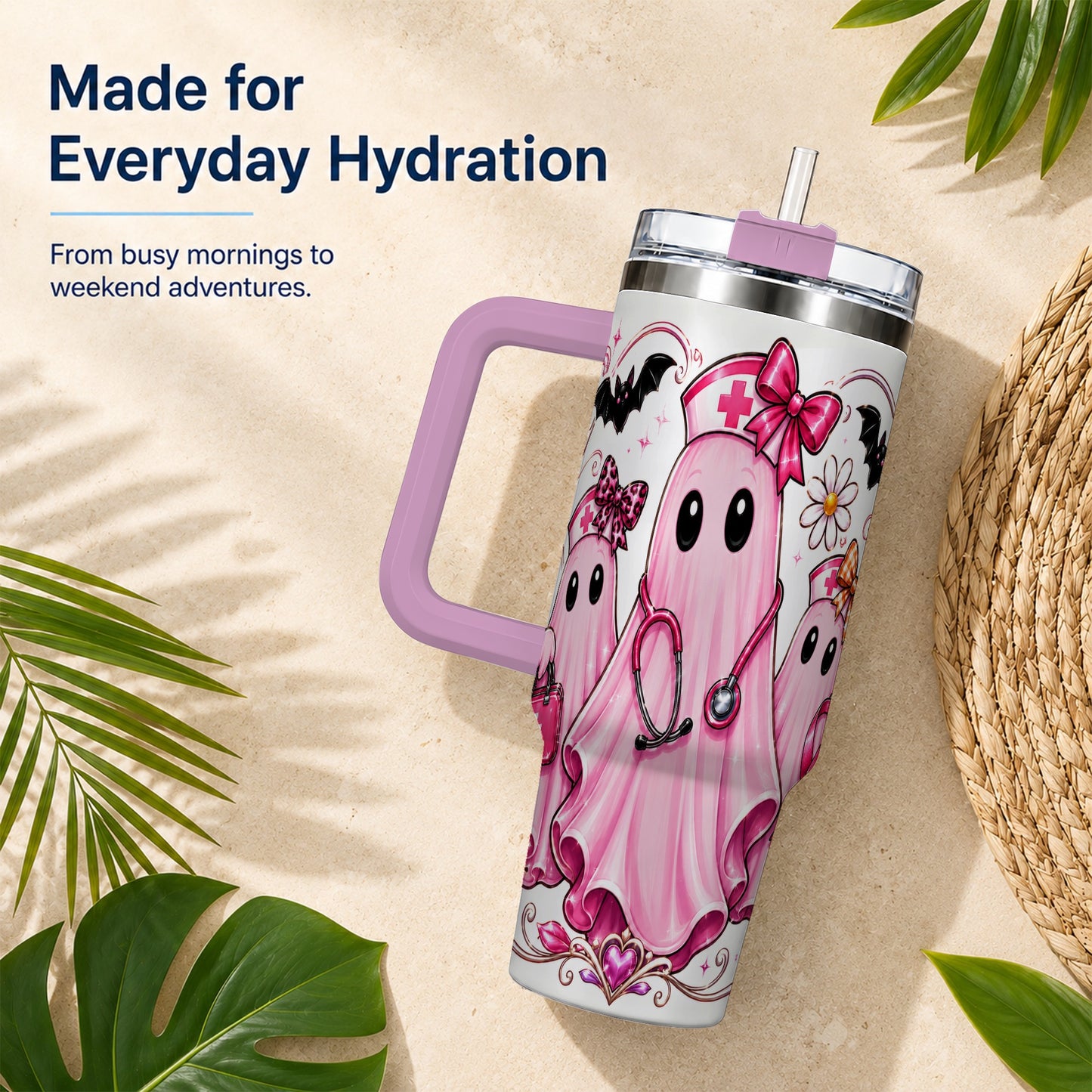 #pl[40oz|Pink] Nurse Ghost Trio 40oz Tumbler with Handle, Stainless Steel Travel Cup
