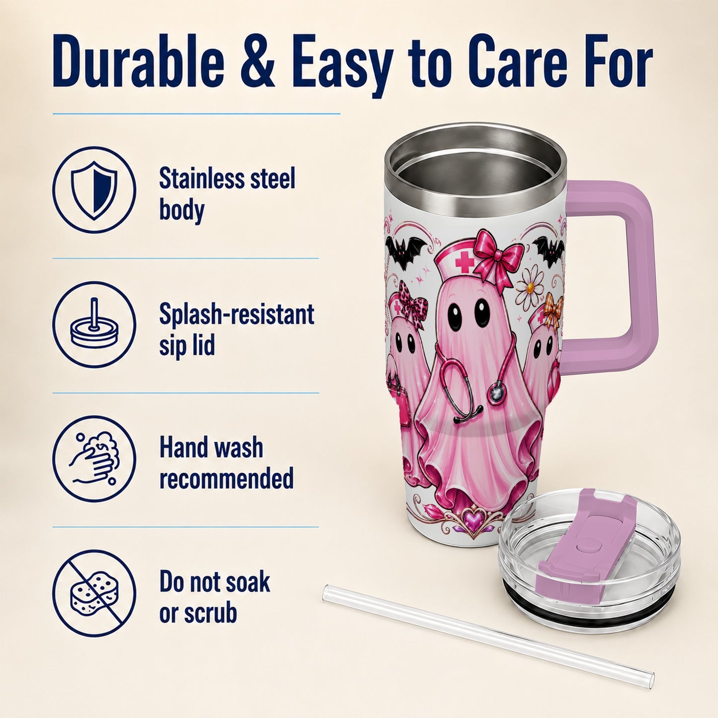 #pl[40oz|Pink] Nurse Ghost Trio 40oz Tumbler with Handle, Stainless Steel Travel Cup