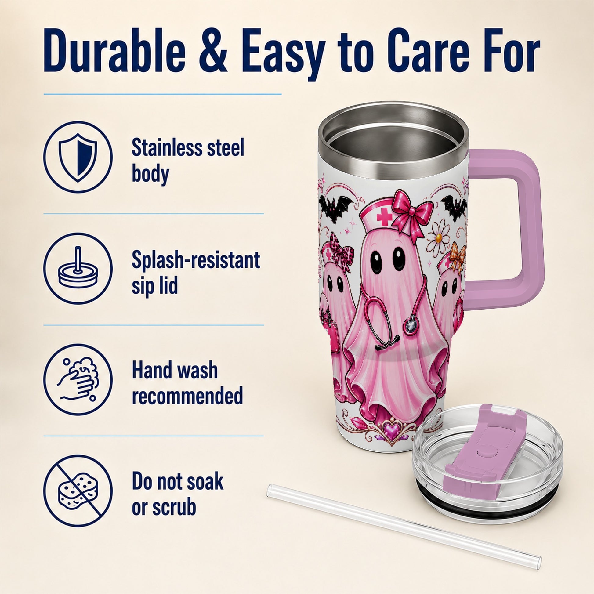 #pl[40oz|Pink] Nurse Ghost Trio 40oz Tumbler with Handle, Stainless Steel Travel Cup