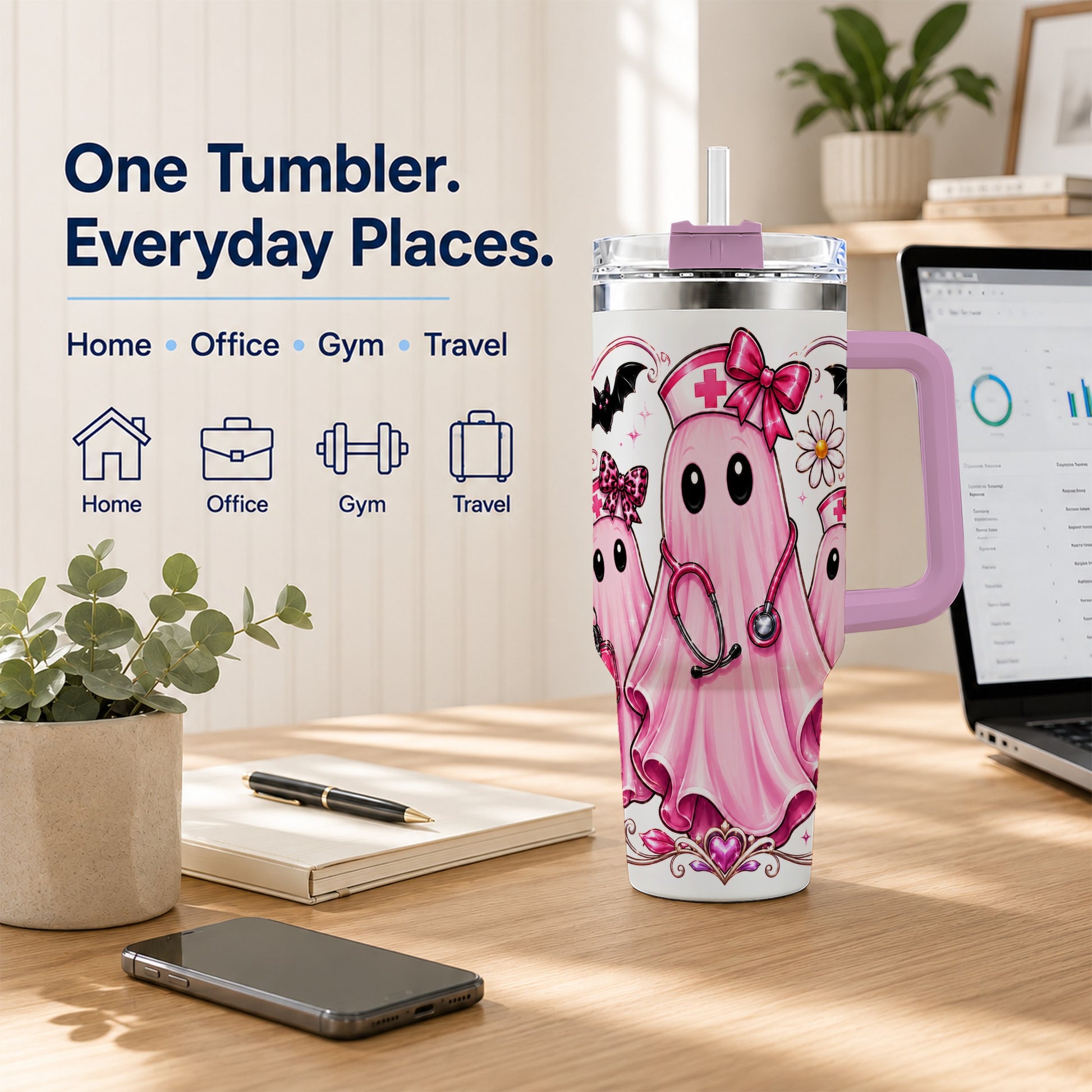 #pl[40oz|Pink] Nurse Ghost Trio 40oz Tumbler with Handle, Stainless Steel Travel Cup