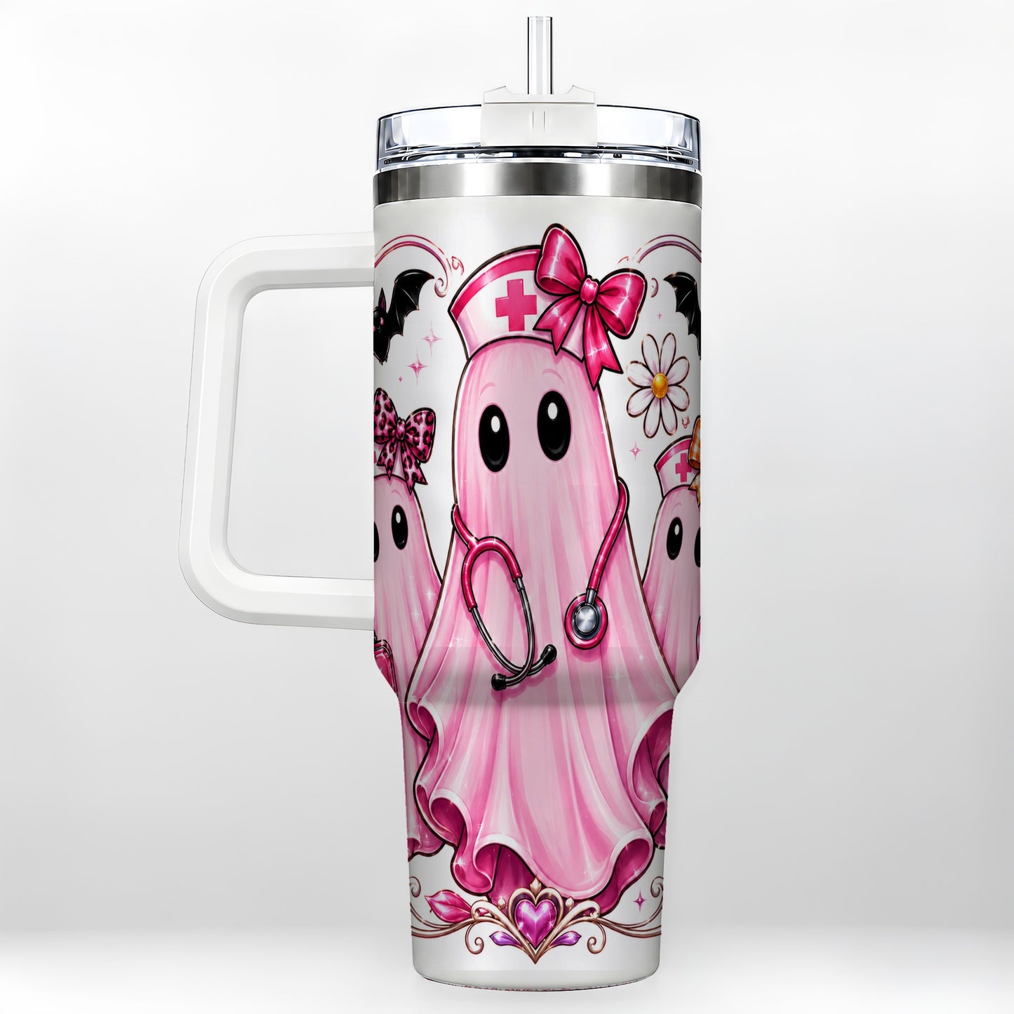 #pl[40oz|White] Nurse Ghost Trio 40oz Tumbler with Handle, Stainless Steel Travel Cup