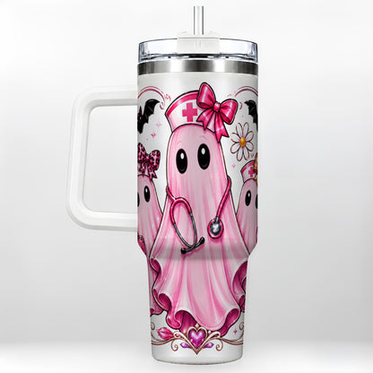 #pl[40oz|White] Nurse Ghost Trio 40oz Tumbler with Handle, Stainless Steel Travel Cup