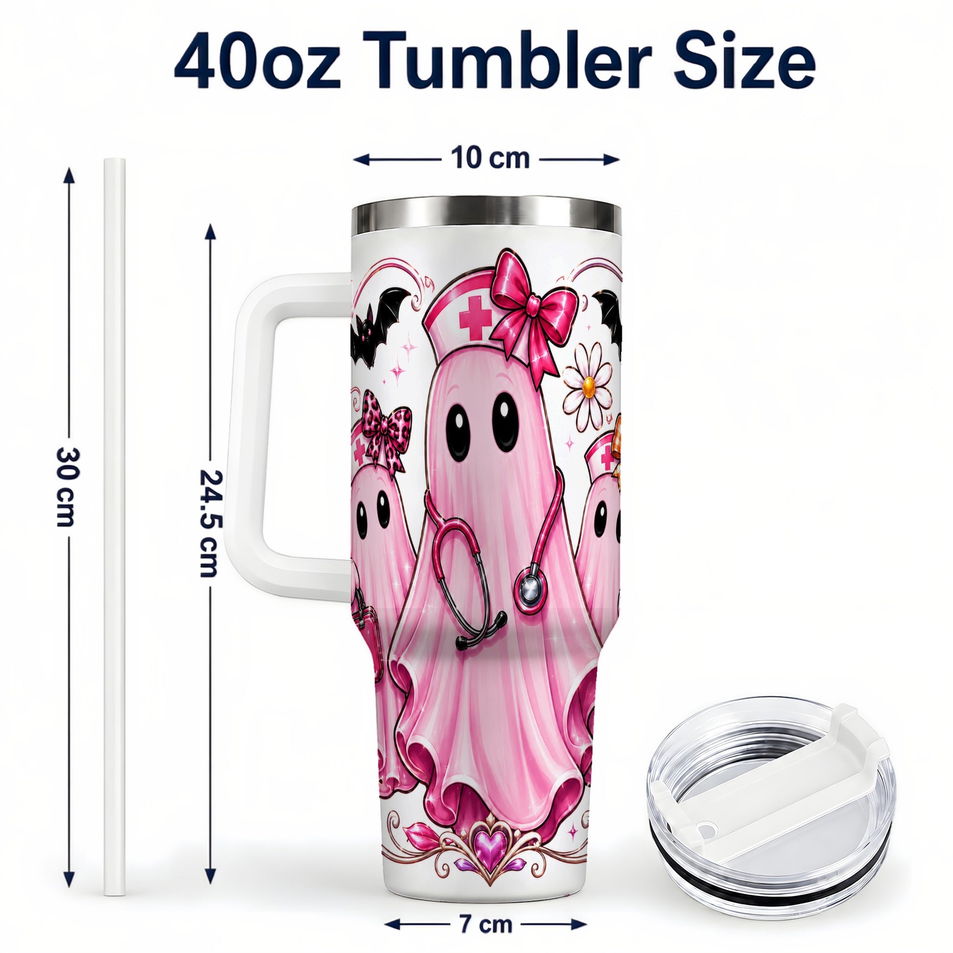 #pl[40oz|White] Nurse Ghost Trio 40oz Tumbler with Handle, Stainless Steel Travel Cup