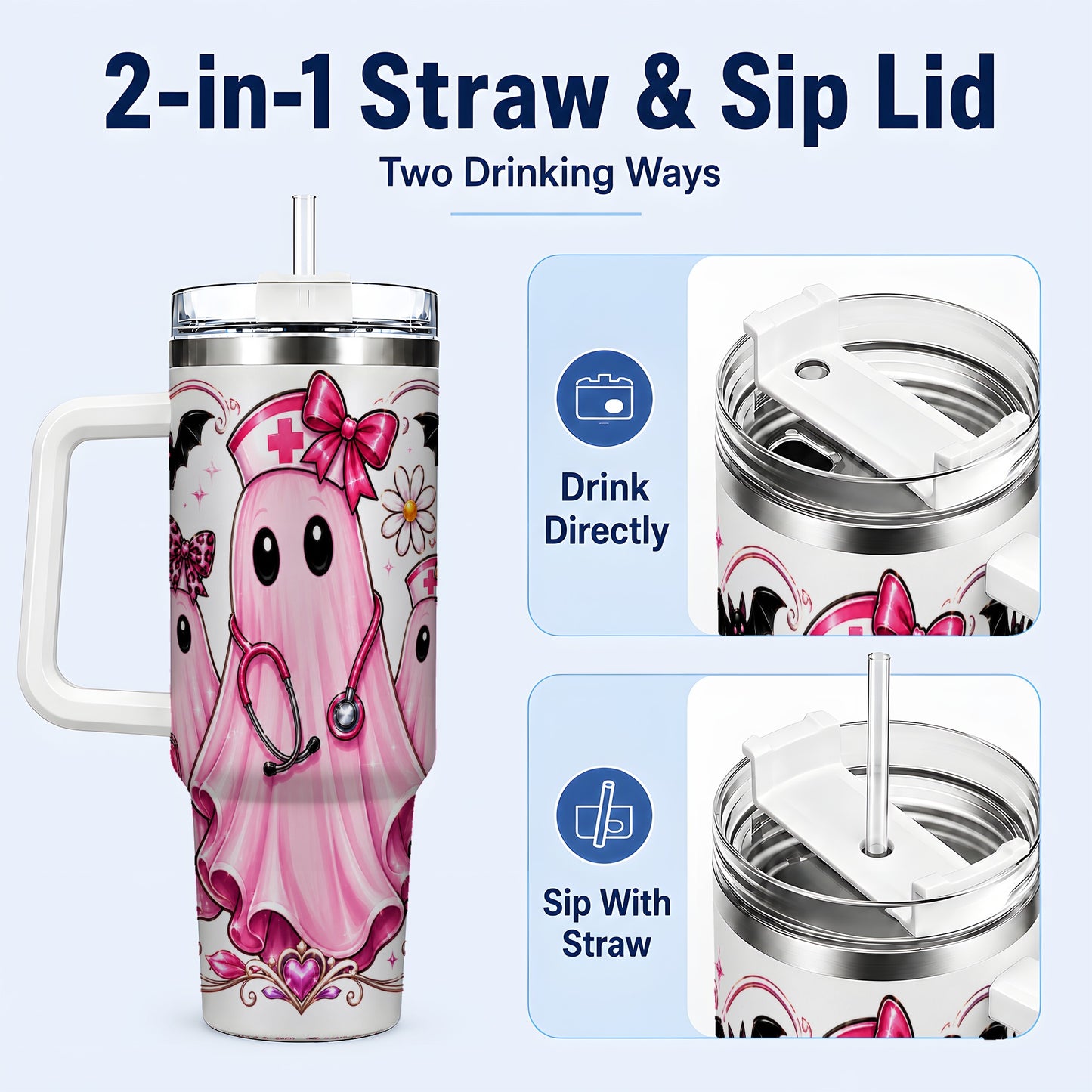 #pl[40oz|White] Nurse Ghost Trio 40oz Tumbler with Handle, Stainless Steel Travel Cup