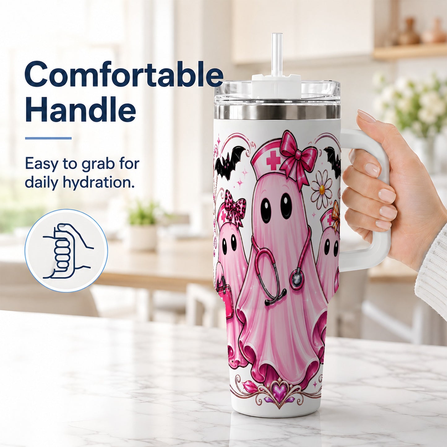 #pl[40oz|White] Nurse Ghost Trio 40oz Tumbler with Handle, Stainless Steel Travel Cup