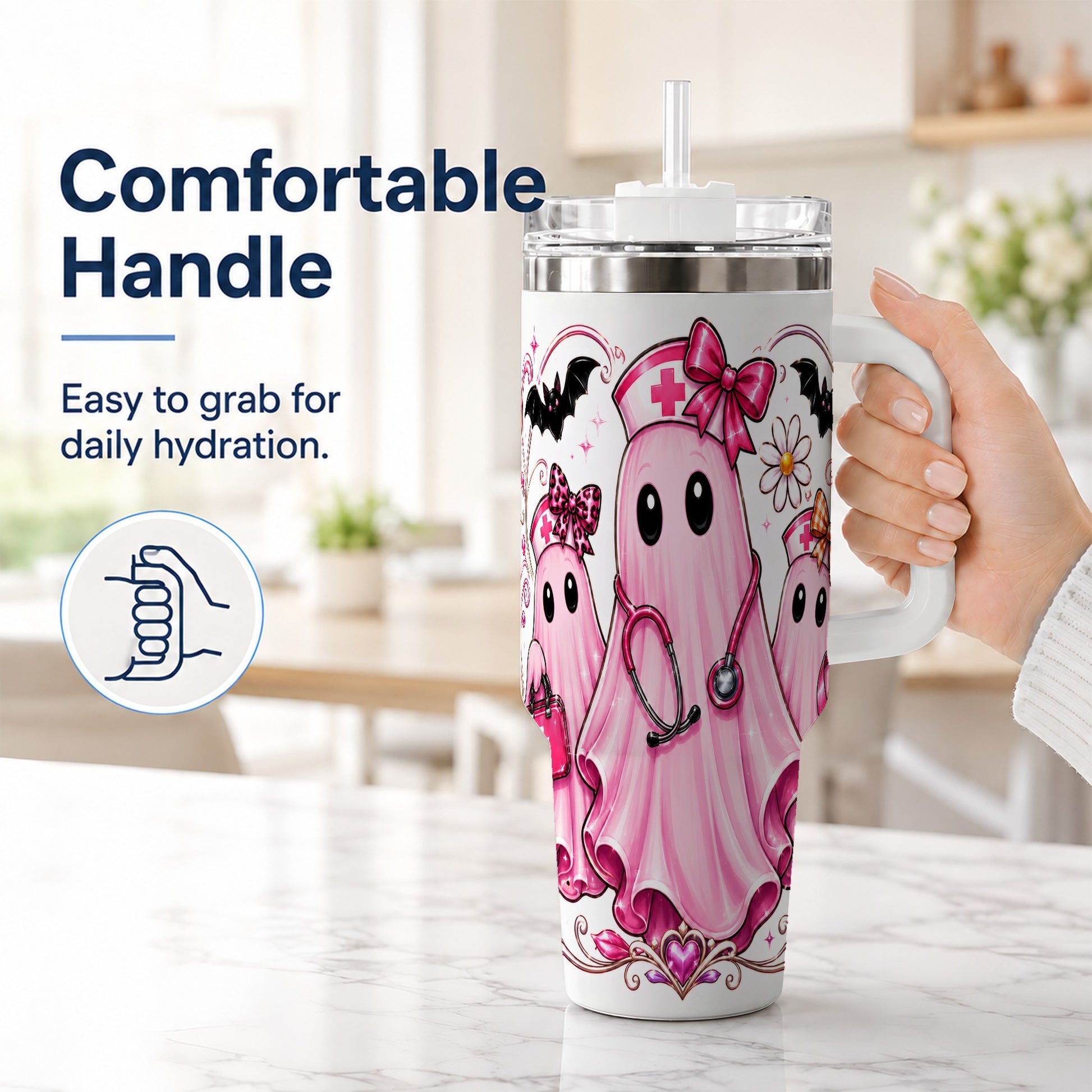 #pl[40oz|White] Nurse Ghost Trio 40oz Tumbler with Handle, Stainless Steel Travel Cup