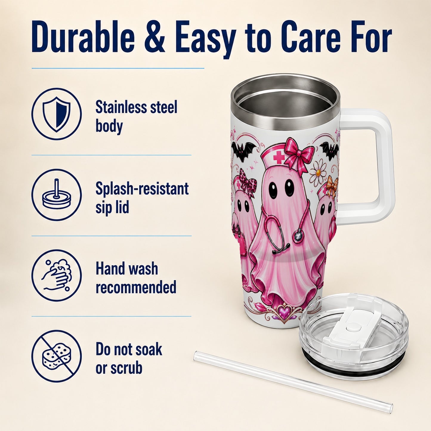 #pl[40oz|White] Nurse Ghost Trio 40oz Tumbler with Handle, Stainless Steel Travel Cup