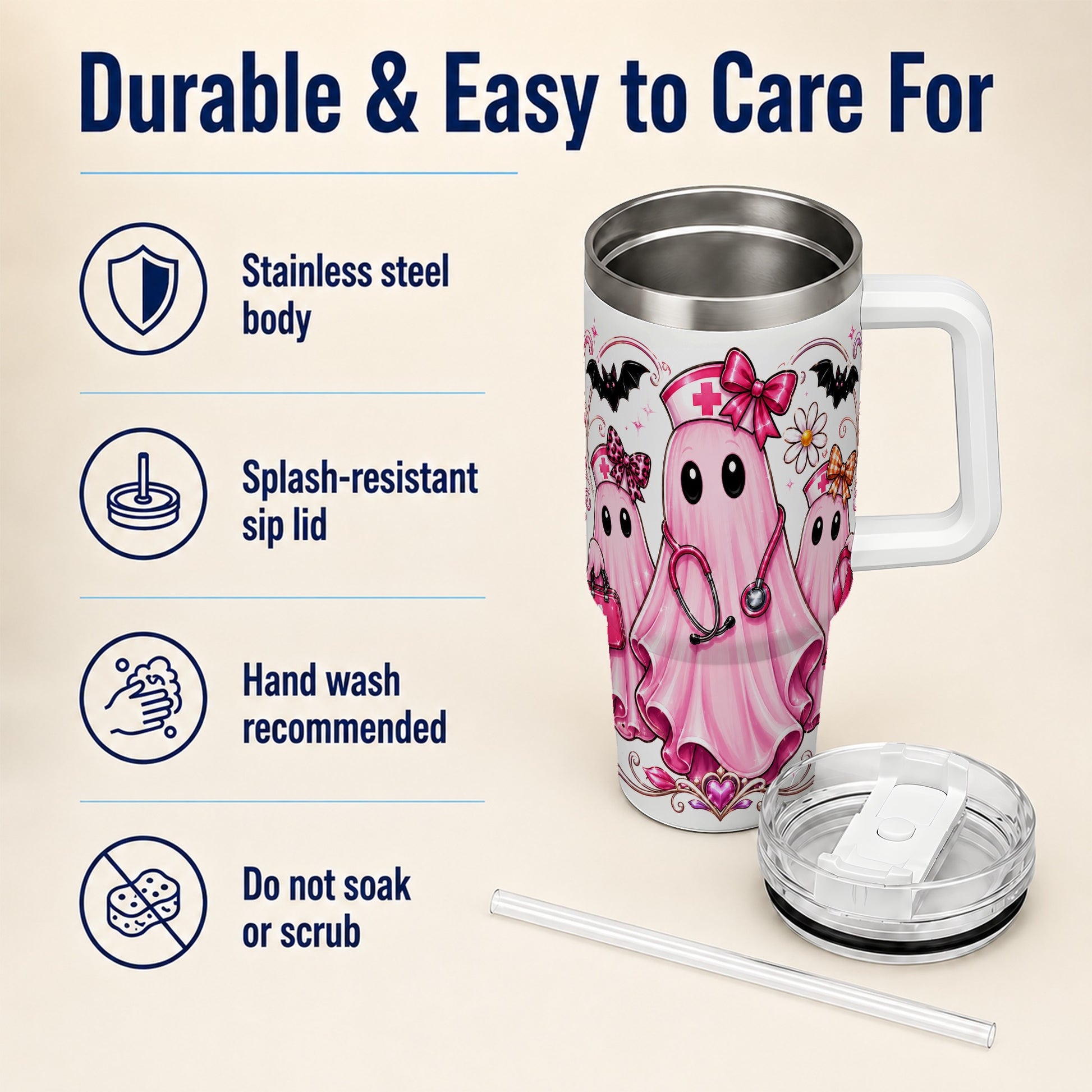 #pl[40oz|White] Nurse Ghost Trio 40oz Tumbler with Handle, Stainless Steel Travel Cup