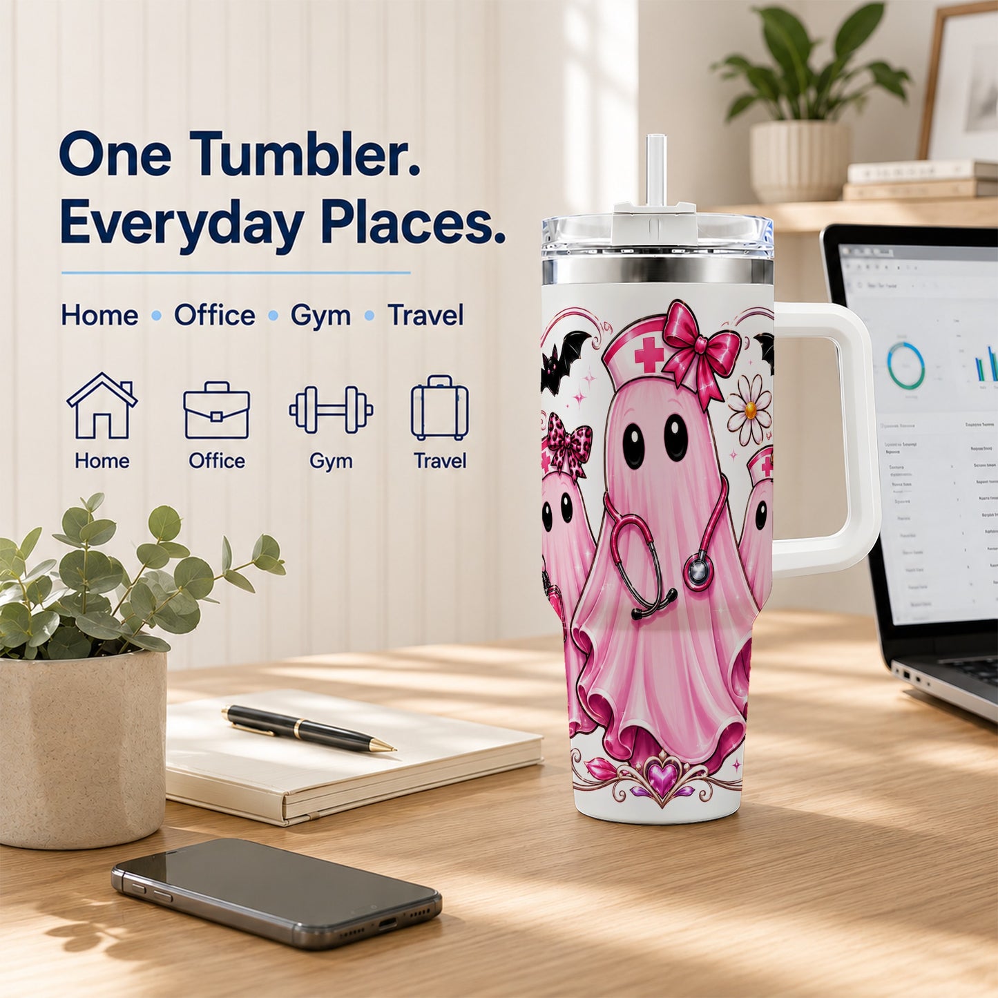 #pl[40oz|White] Nurse Ghost Trio 40oz Tumbler with Handle, Stainless Steel Travel Cup