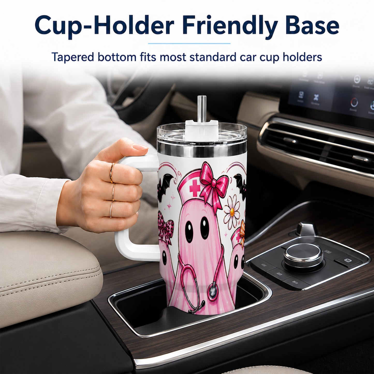 #pl[40oz|White] Nurse Ghost Trio 40oz Tumbler with Handle, Stainless Steel Travel Cup