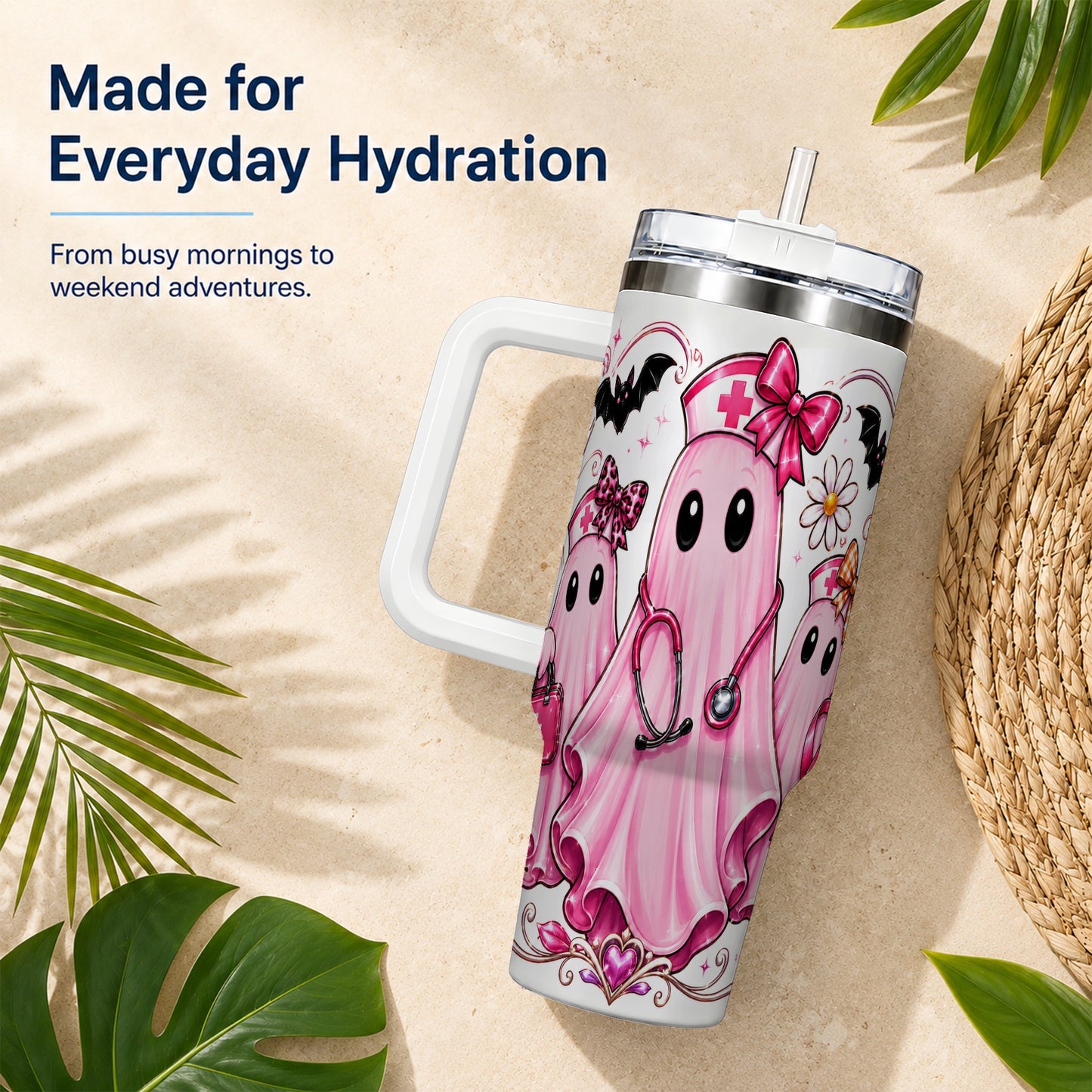 #pl[40oz|White] Nurse Ghost Trio 40oz Tumbler with Handle, Stainless Steel Travel Cup