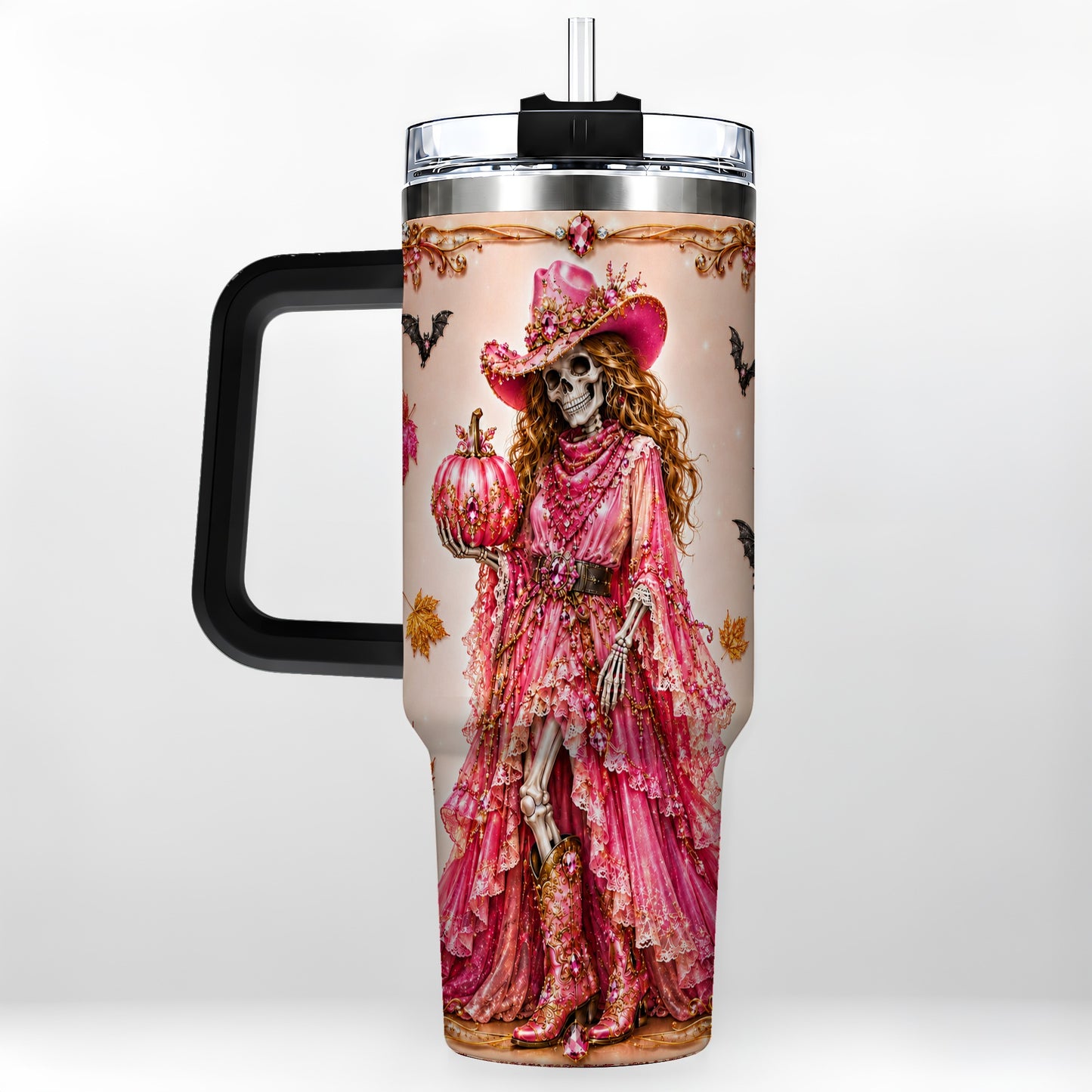 #pl[40oz|Black] Skeleton Cowgirl 40oz Tumbler with Handle, Stainless Steel Travel Cup