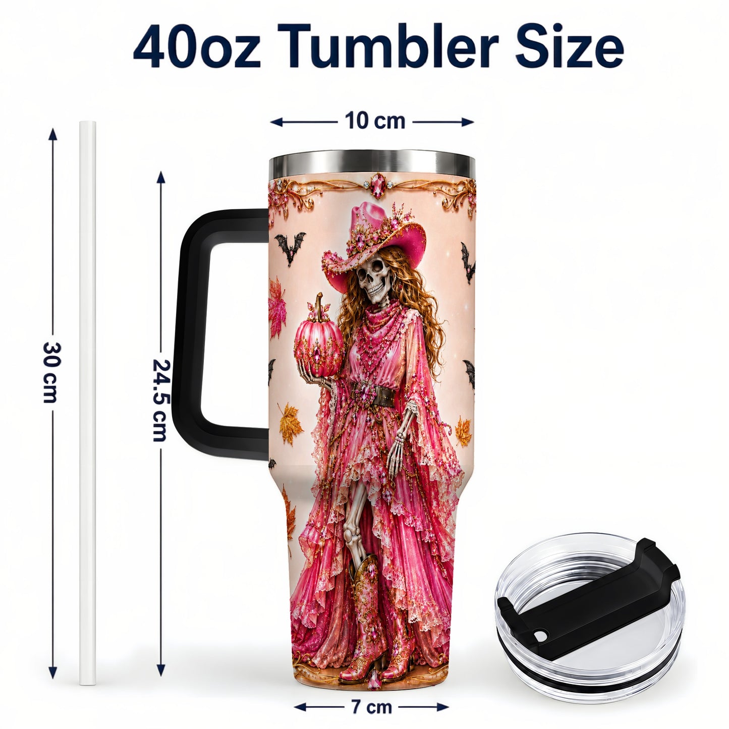 #pl[40oz|Black] Skeleton Cowgirl 40oz Tumbler with Handle, Stainless Steel Travel Cup