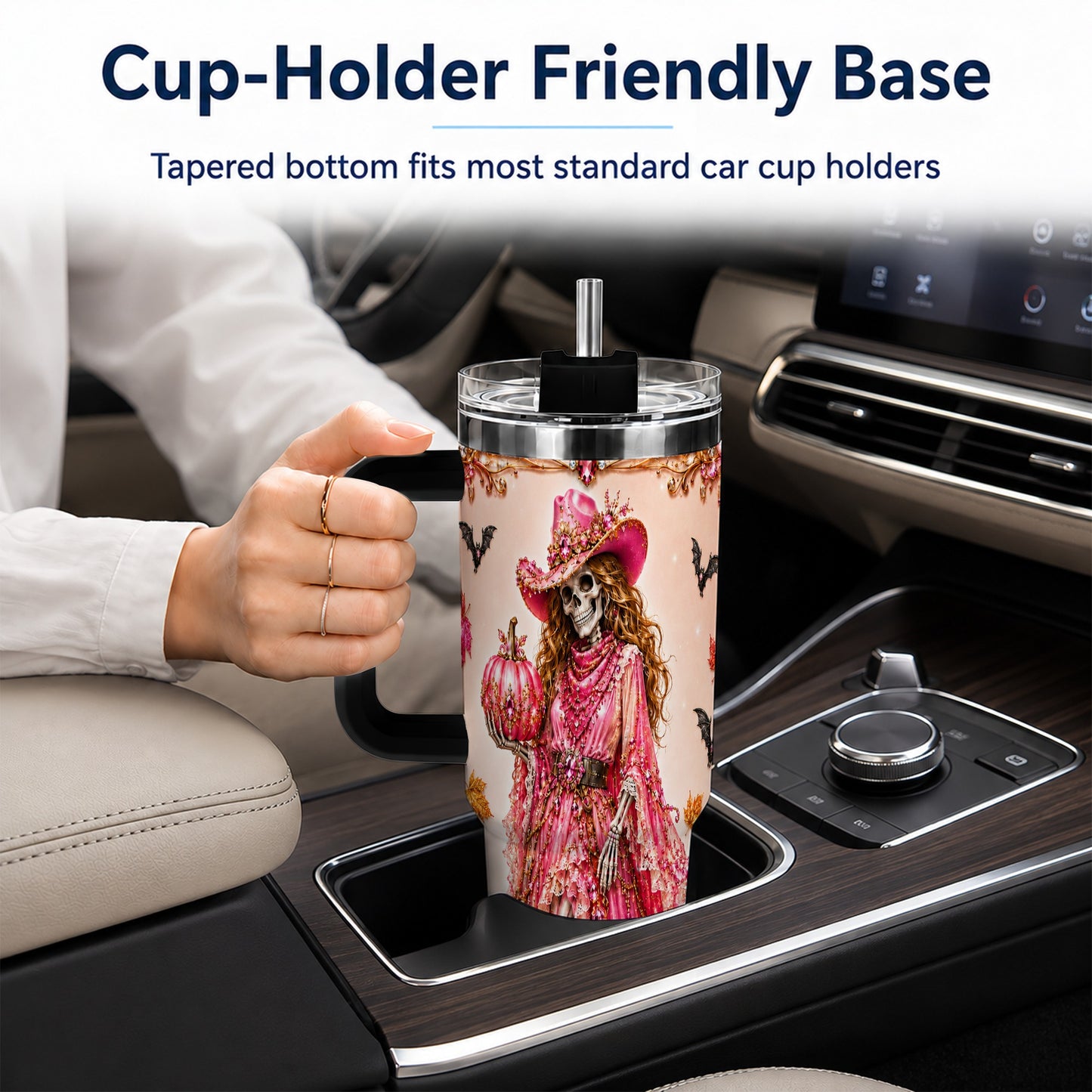 #pl[40oz|Black] Skeleton Cowgirl 40oz Tumbler with Handle, Stainless Steel Travel Cup
