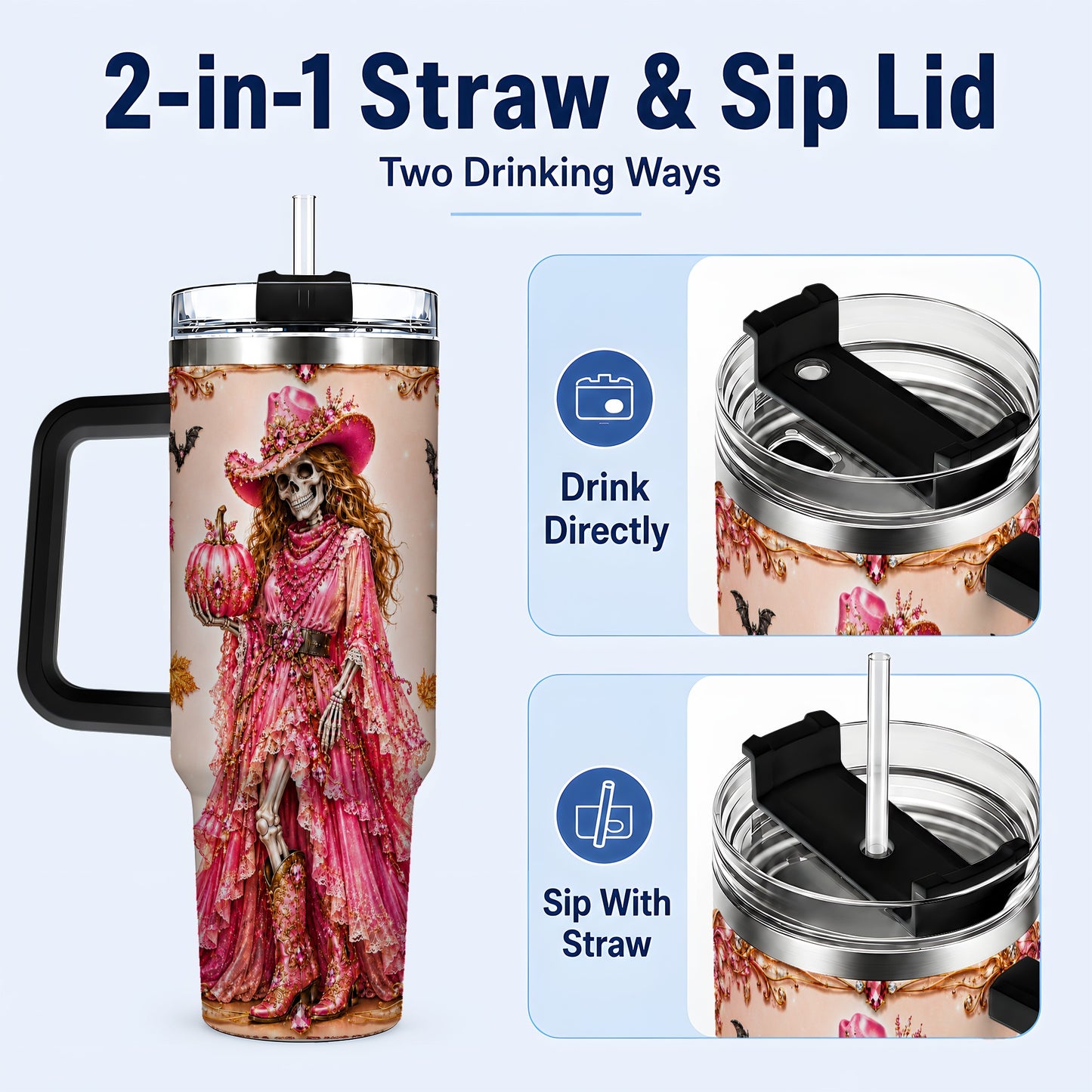 #pl[40oz|Black] Skeleton Cowgirl 40oz Tumbler with Handle, Stainless Steel Travel Cup