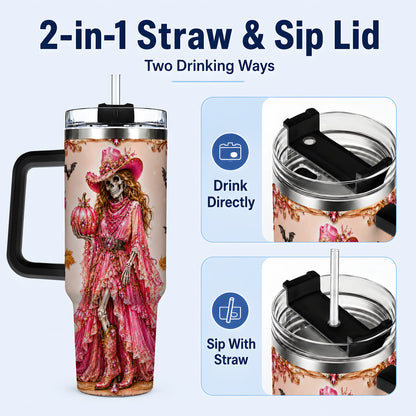 #pl[40oz|Black] Skeleton Cowgirl 40oz Tumbler with Handle, Stainless Steel Travel Cup