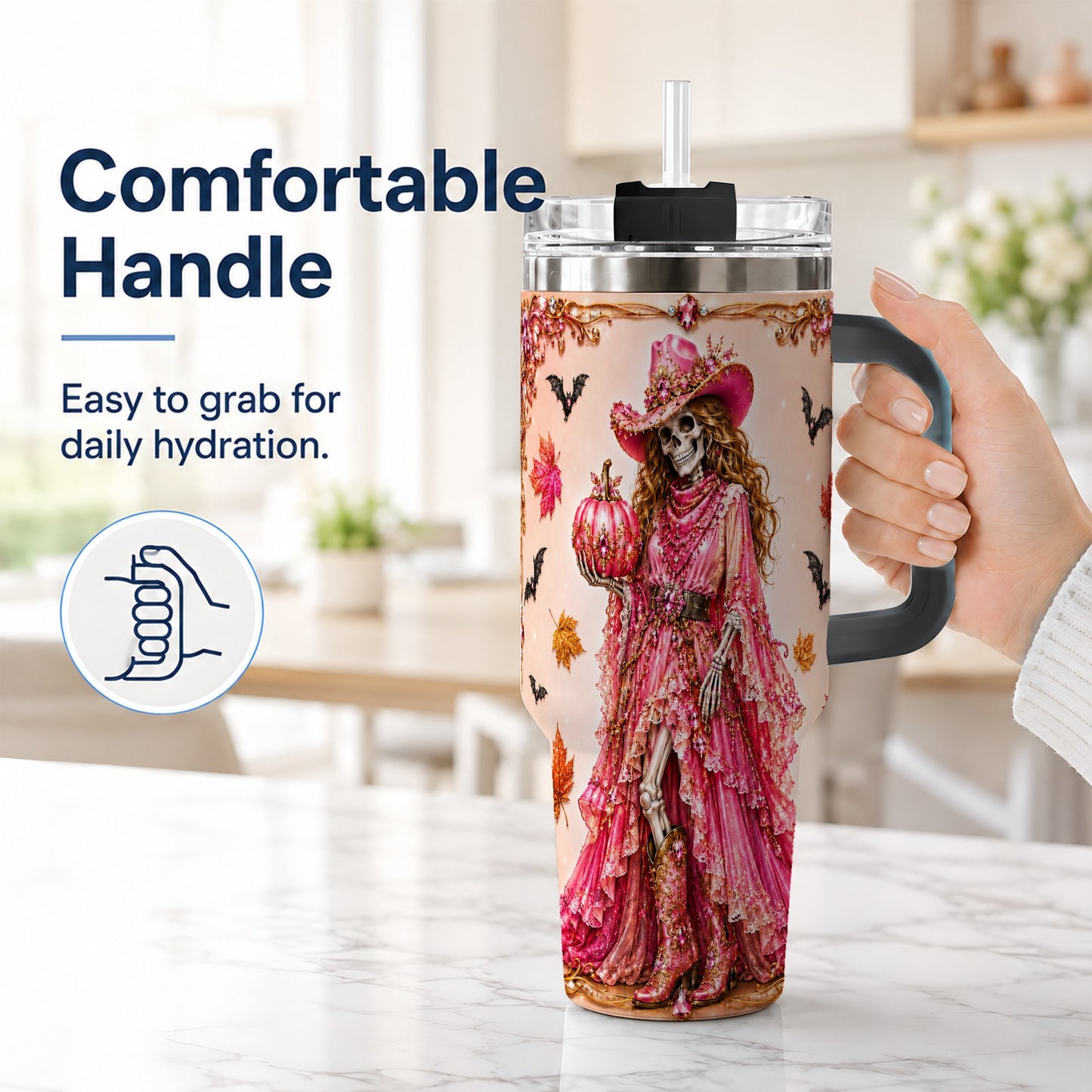 #pl[40oz|Black] Skeleton Cowgirl 40oz Tumbler with Handle, Stainless Steel Travel Cup