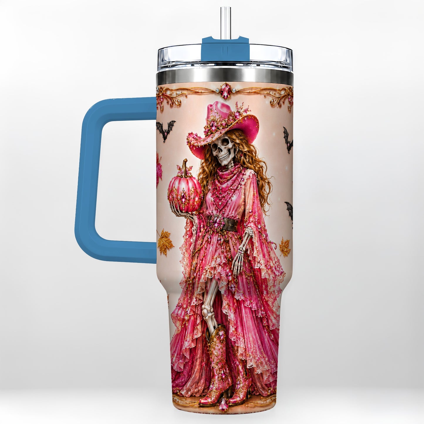 #pl[40oz|Blue] Skeleton Cowgirl 40oz Tumbler with Handle, Stainless Steel Travel Cup