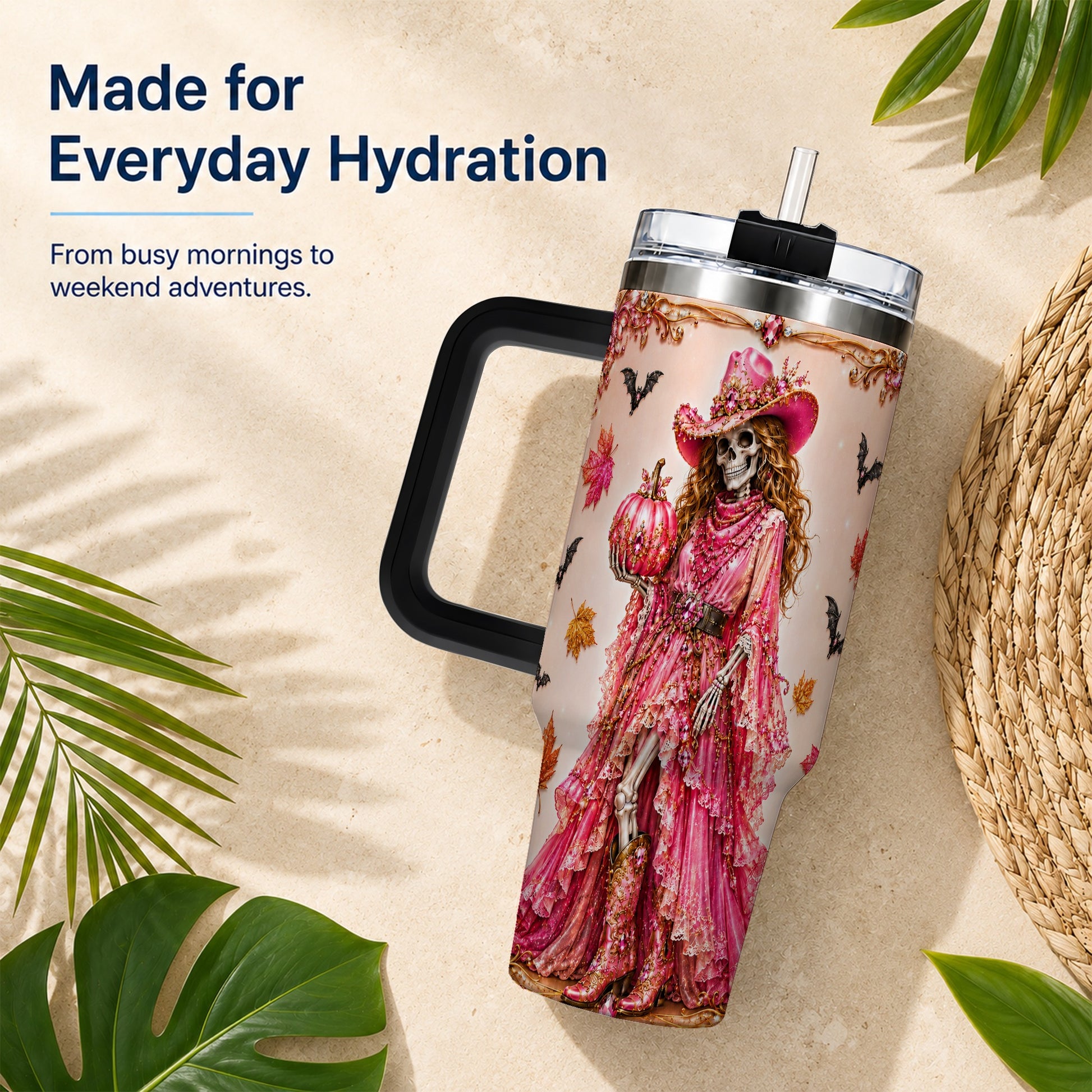 #pl[40oz|Black] Skeleton Cowgirl 40oz Tumbler with Handle, Stainless Steel Travel Cup