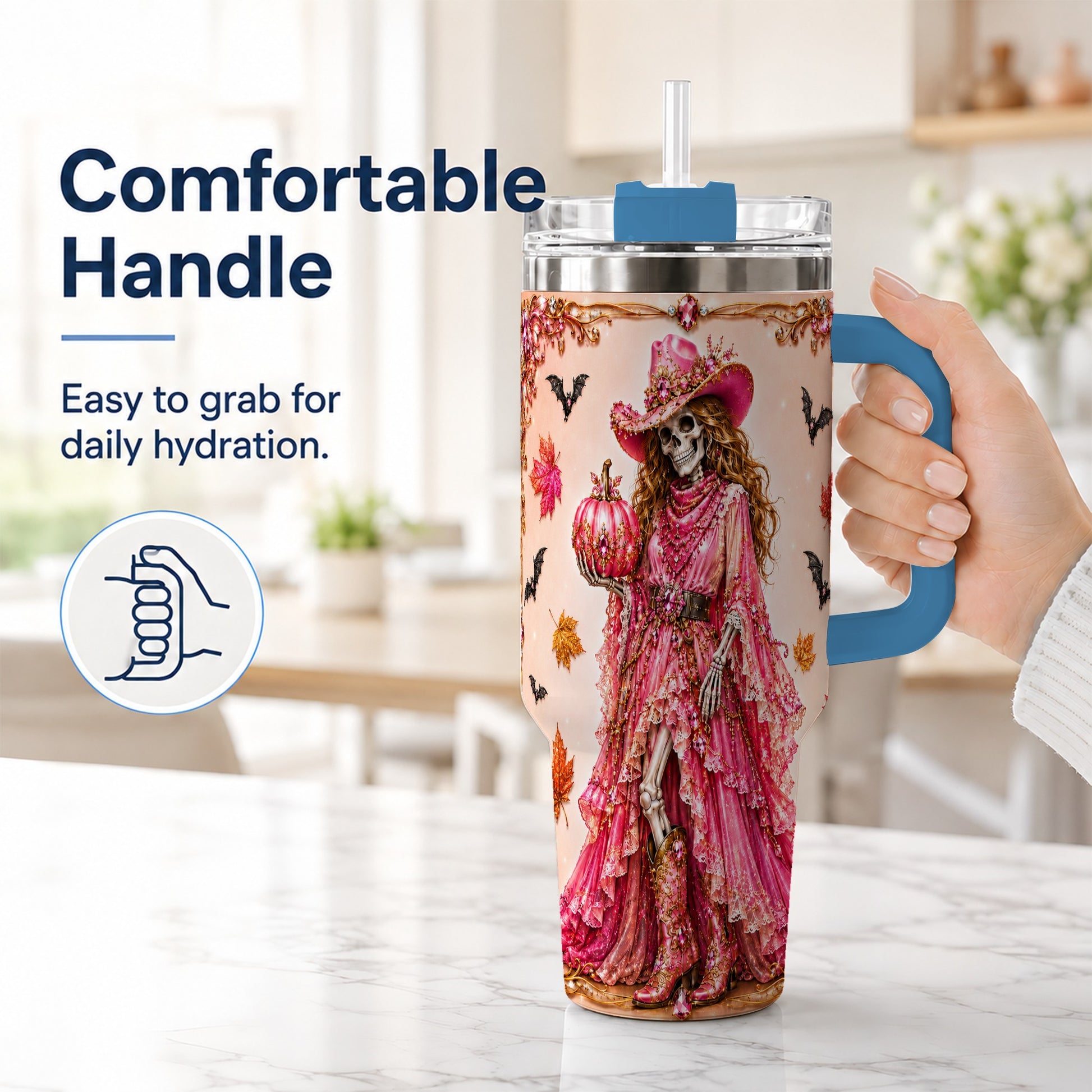 #pl[40oz|Blue] Skeleton Cowgirl 40oz Tumbler with Handle, Stainless Steel Travel Cup