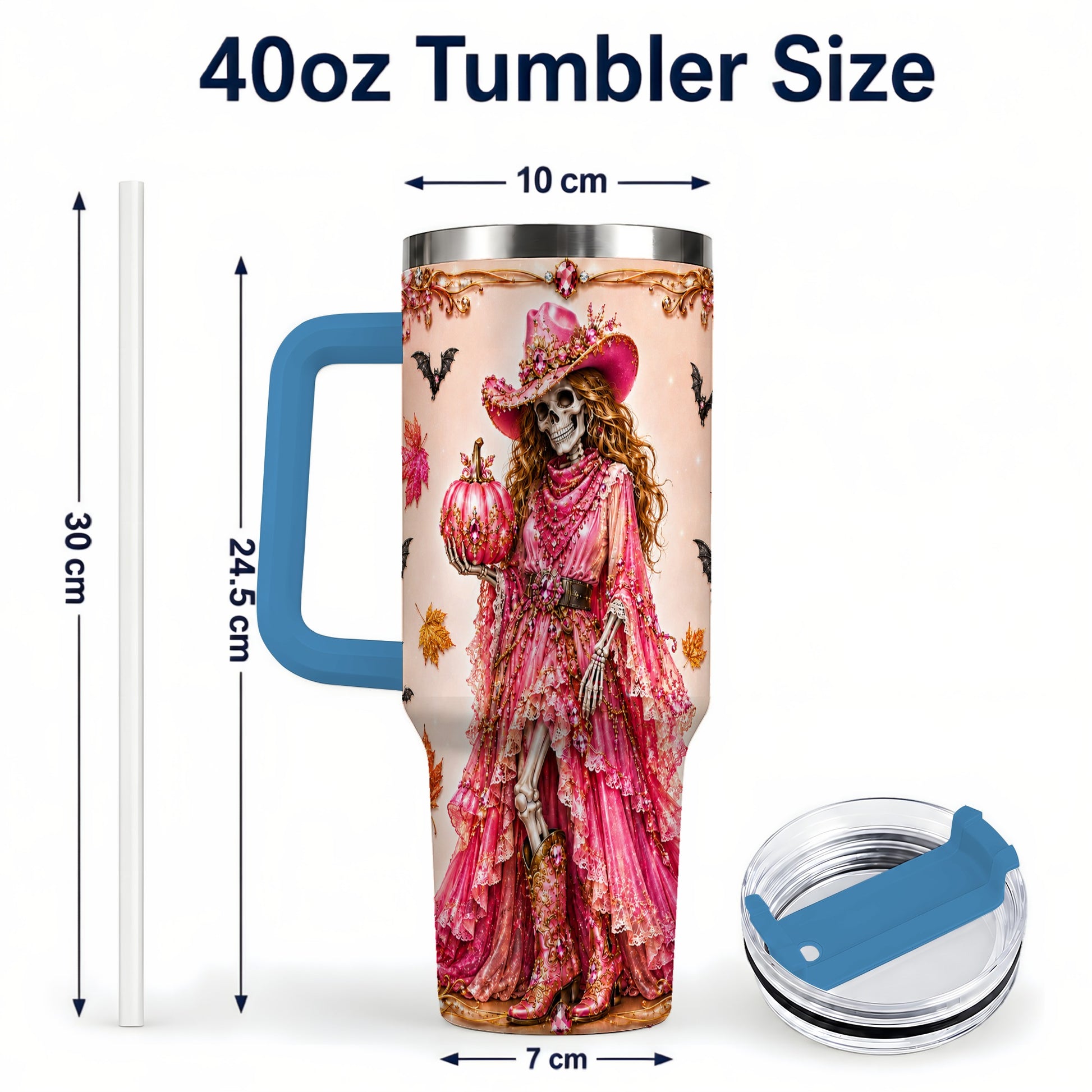 #pl[40oz|Blue] Skeleton Cowgirl 40oz Tumbler with Handle, Stainless Steel Travel Cup