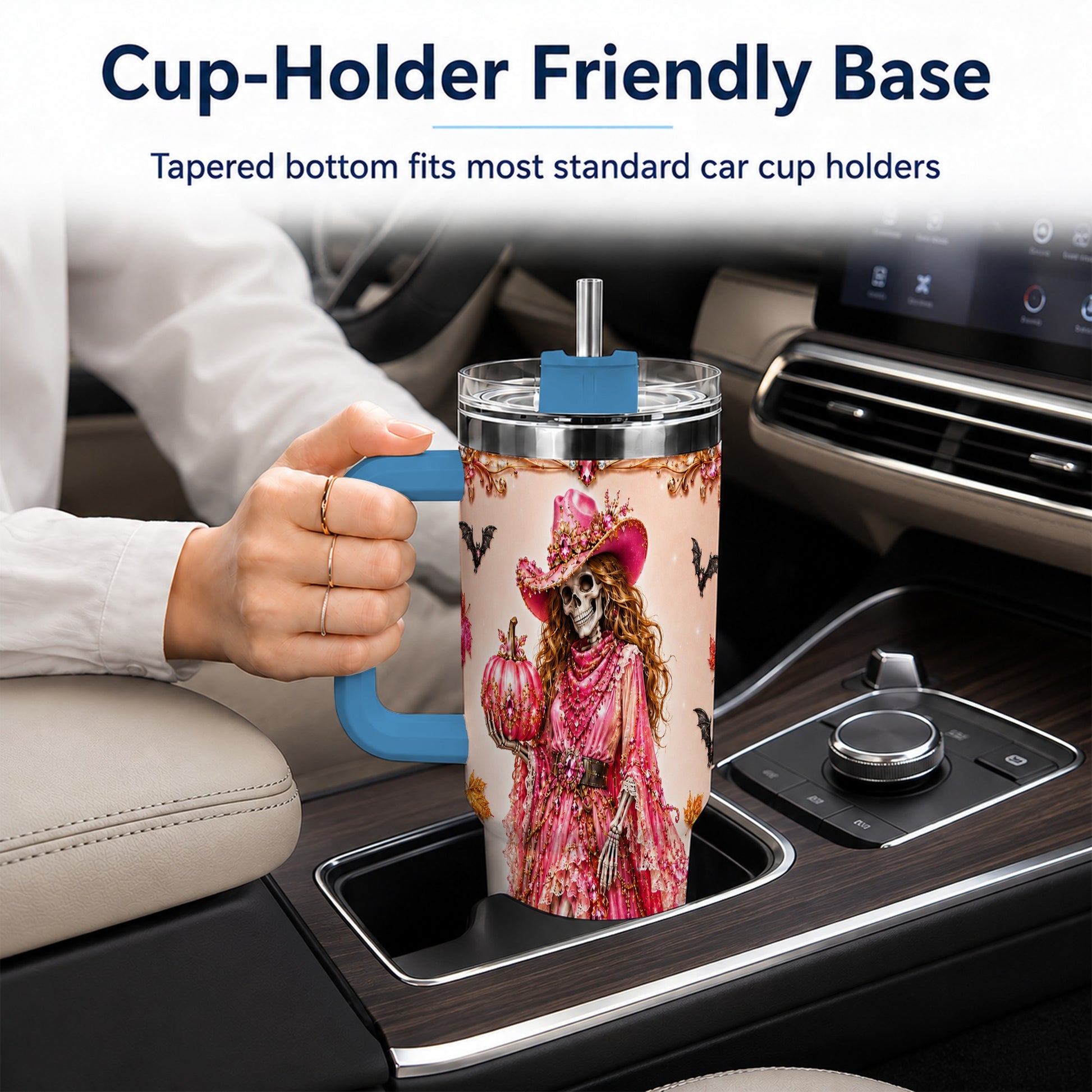 #pl[40oz|Blue] Skeleton Cowgirl 40oz Tumbler with Handle, Stainless Steel Travel Cup