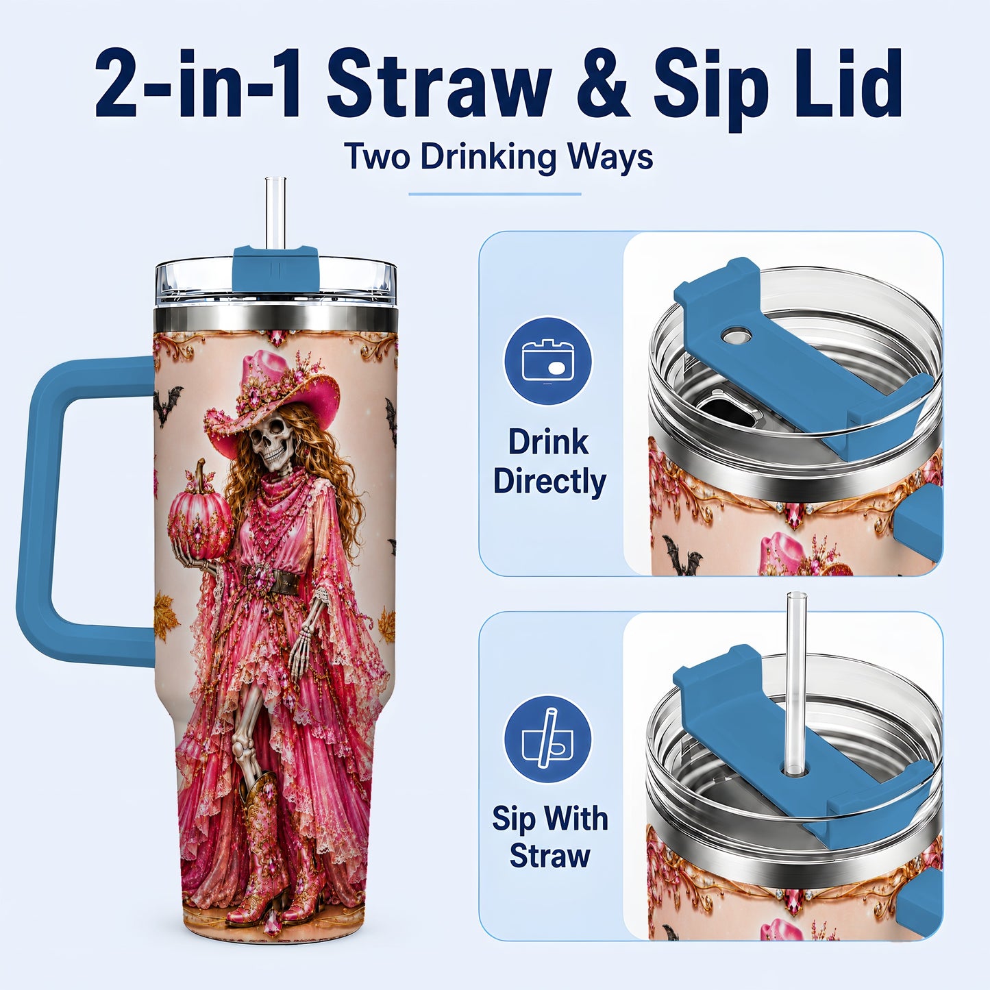 #pl[40oz|Blue] Skeleton Cowgirl 40oz Tumbler with Handle, Stainless Steel Travel Cup