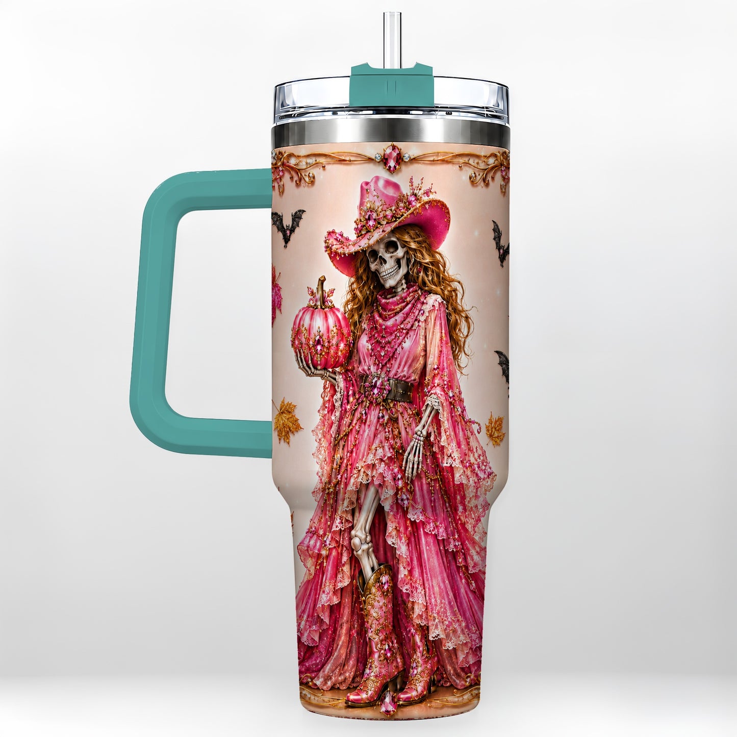 #pl[40oz|Green] Skeleton Cowgirl 40oz Tumbler with Handle, Stainless Steel Travel Cup
