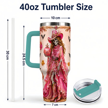 #pl[40oz|Green] Skeleton Cowgirl 40oz Tumbler with Handle, Stainless Steel Travel Cup