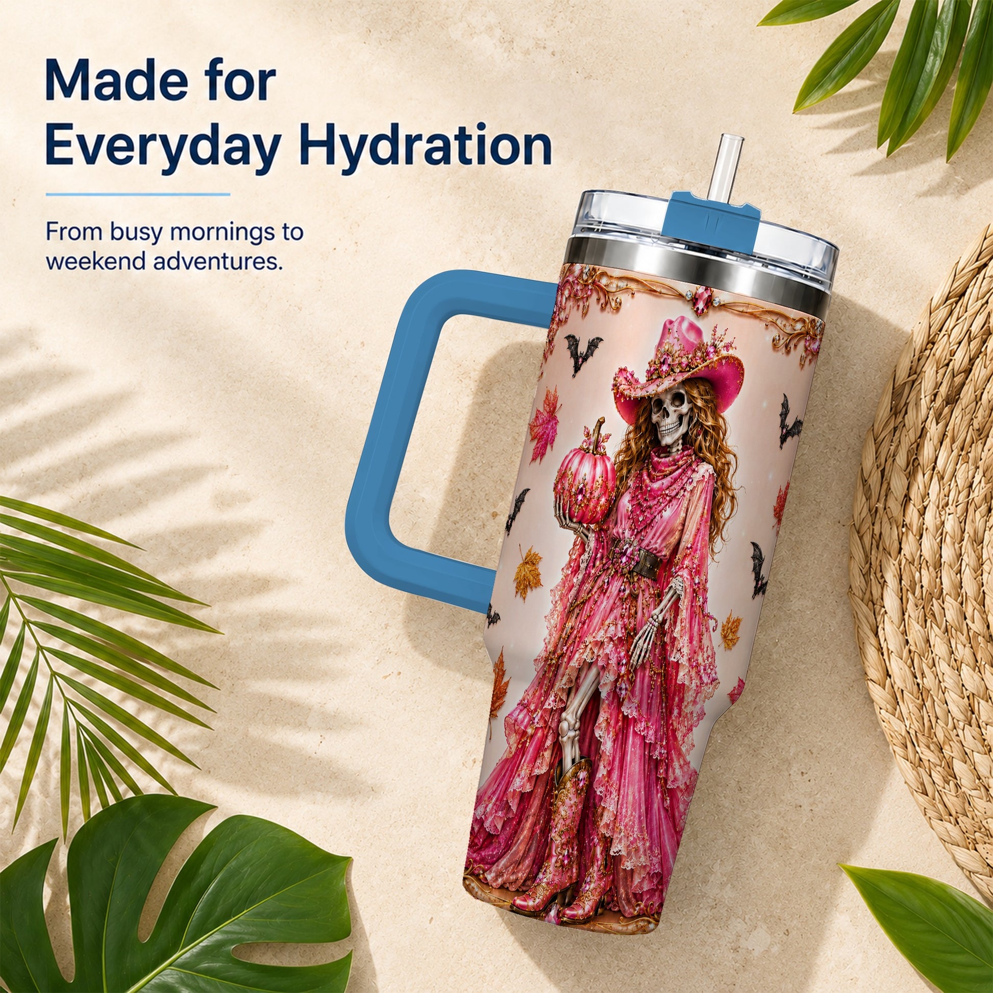 #pl[40oz|Blue] Skeleton Cowgirl 40oz Tumbler with Handle, Stainless Steel Travel Cup