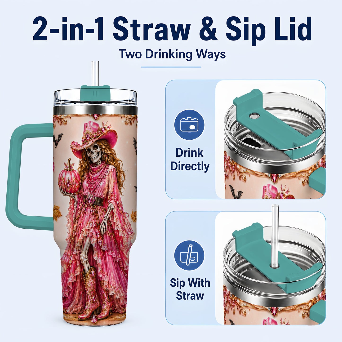 #pl[40oz|Green] Skeleton Cowgirl 40oz Tumbler with Handle, Stainless Steel Travel Cup