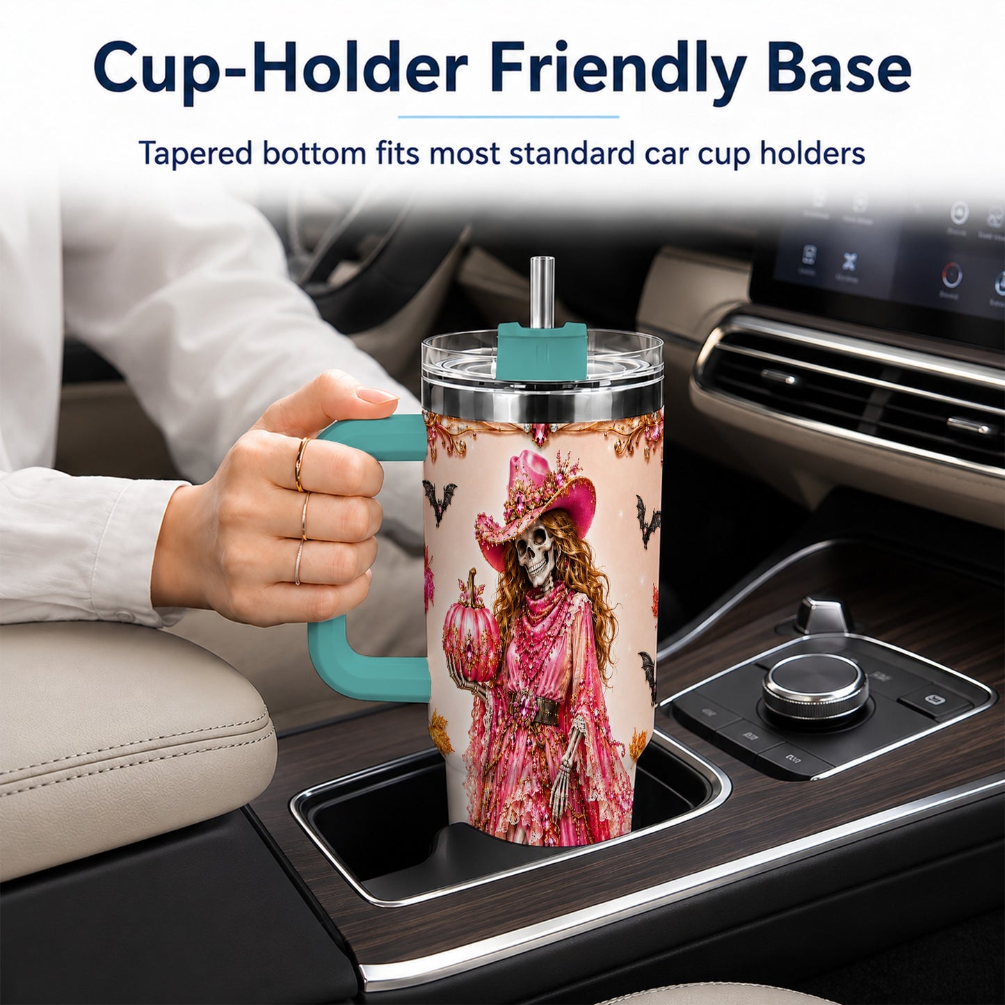 #pl[40oz|Green] Skeleton Cowgirl 40oz Tumbler with Handle, Stainless Steel Travel Cup