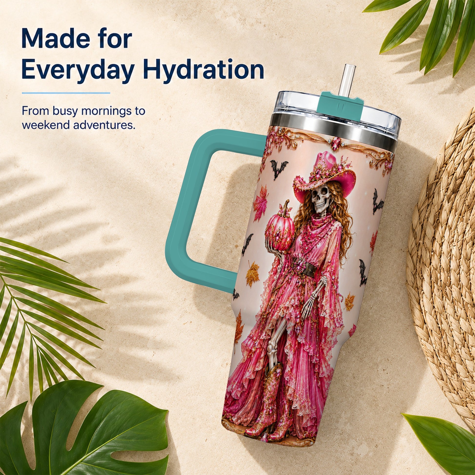 #pl[40oz|Green] Skeleton Cowgirl 40oz Tumbler with Handle, Stainless Steel Travel Cup