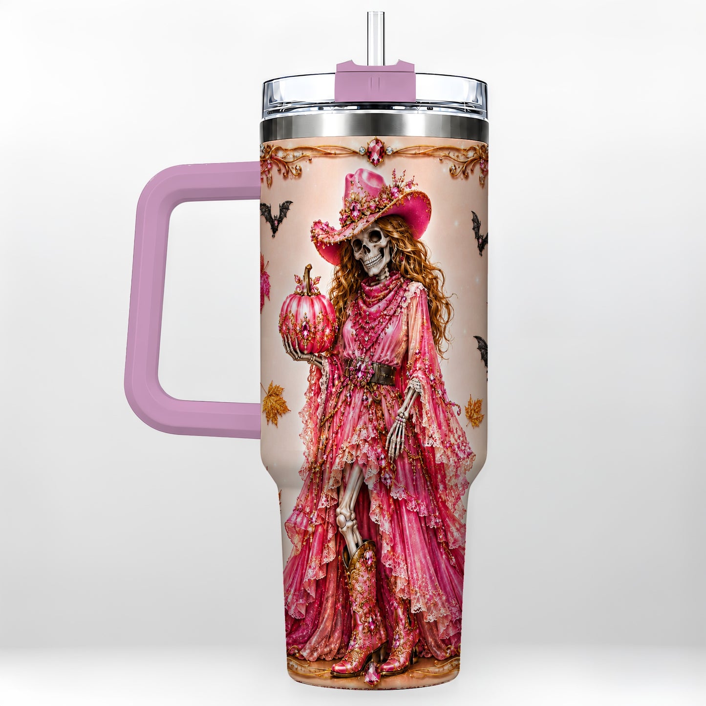 #pl[40oz|Pink] Skeleton Cowgirl 40oz Tumbler with Handle, Stainless Steel Travel Cup