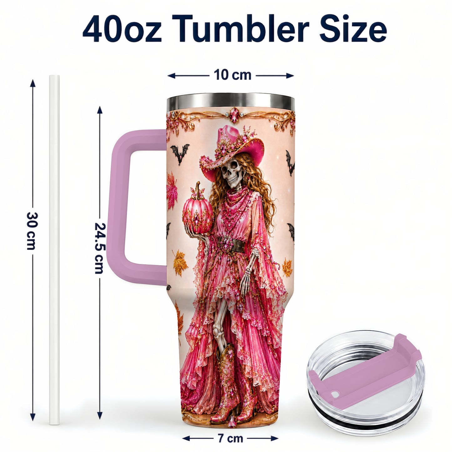 #pl[40oz|Pink] Skeleton Cowgirl 40oz Tumbler with Handle, Stainless Steel Travel Cup