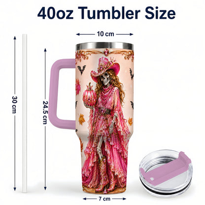 #pl[40oz|Pink] Skeleton Cowgirl 40oz Tumbler with Handle, Stainless Steel Travel Cup