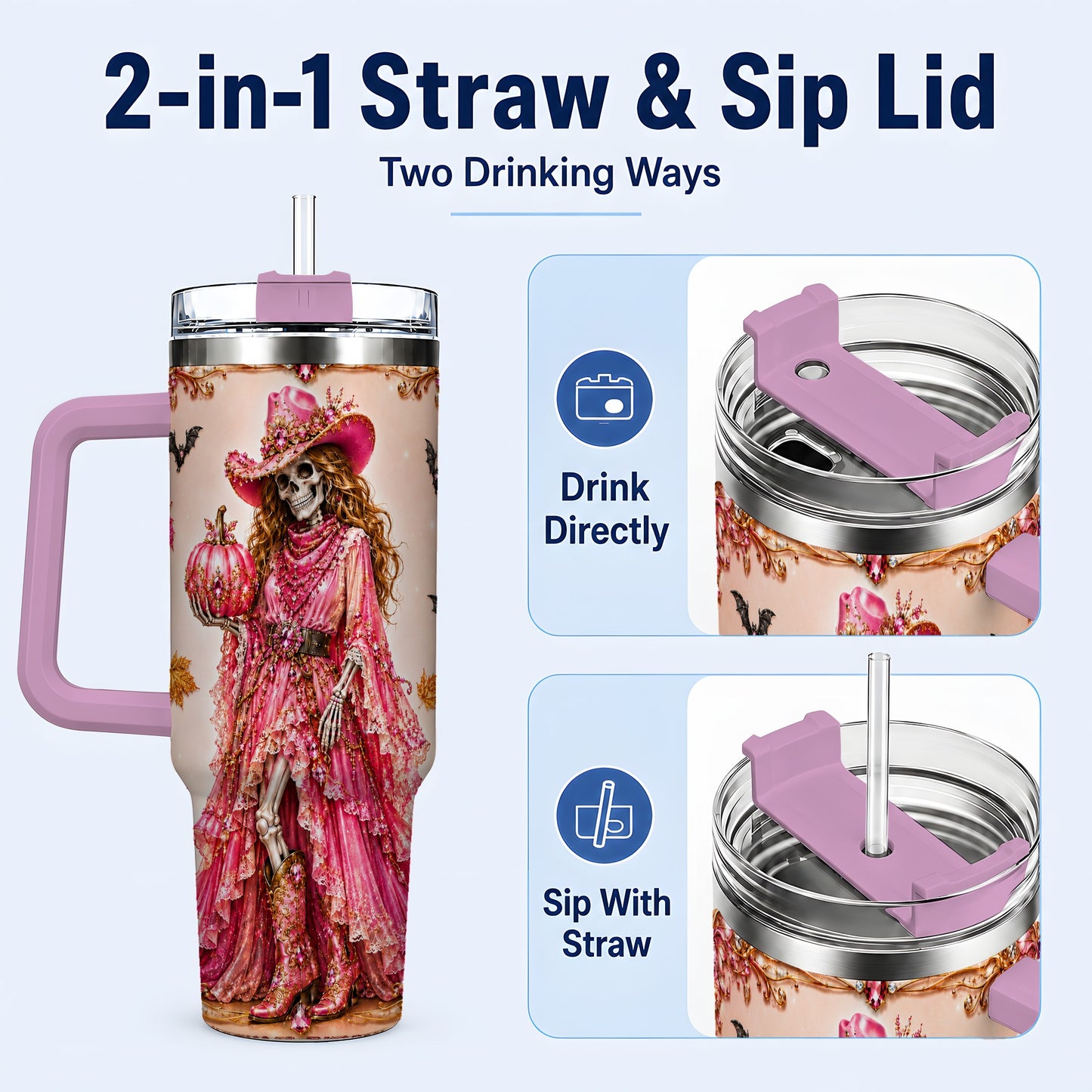 #pl[40oz|Pink] Skeleton Cowgirl 40oz Tumbler with Handle, Stainless Steel Travel Cup